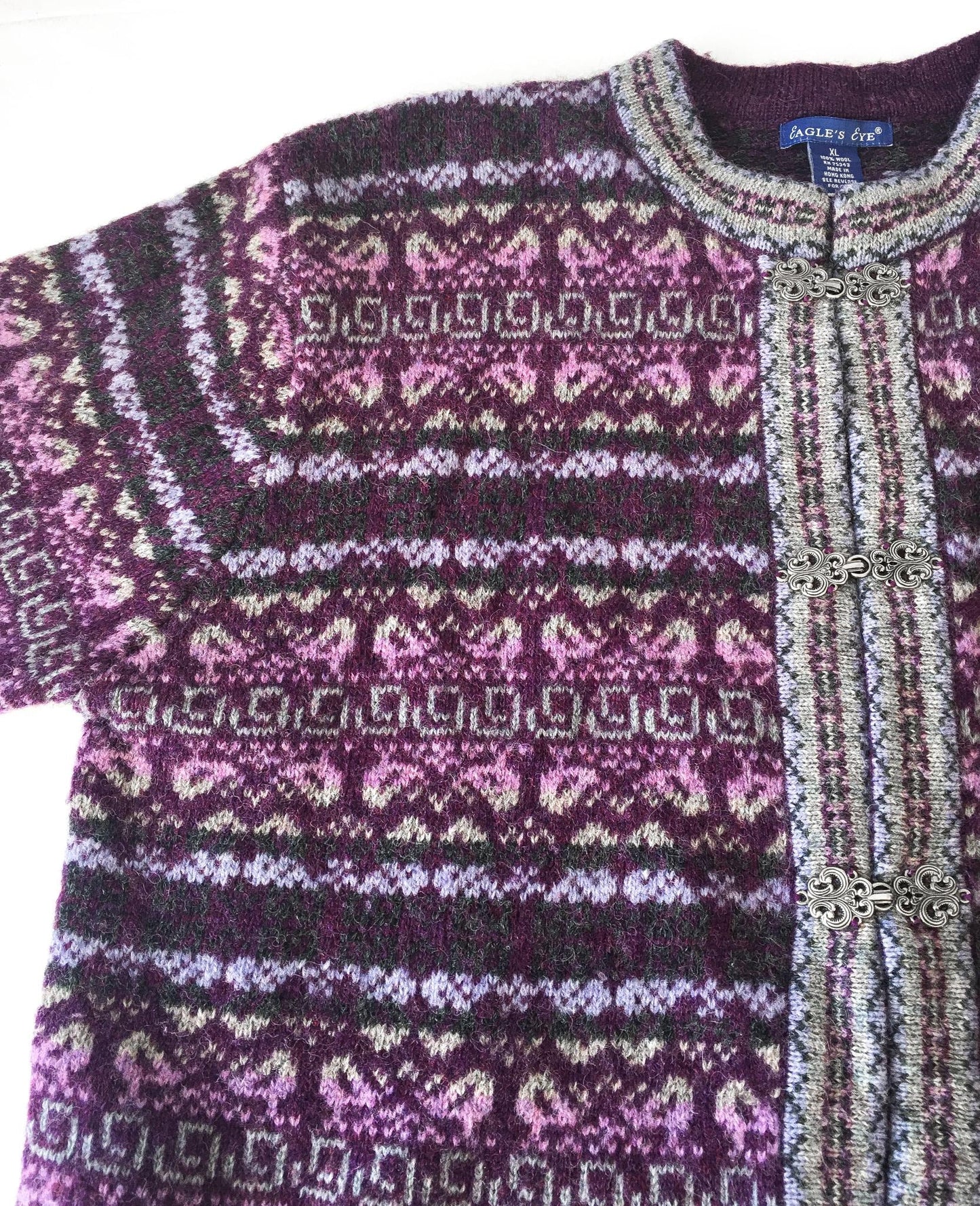 Vintage Eagle's Eye Purple Abstract Striped Wool Clasp Enclosure Cardigan Sweater, Women's Sz. XL