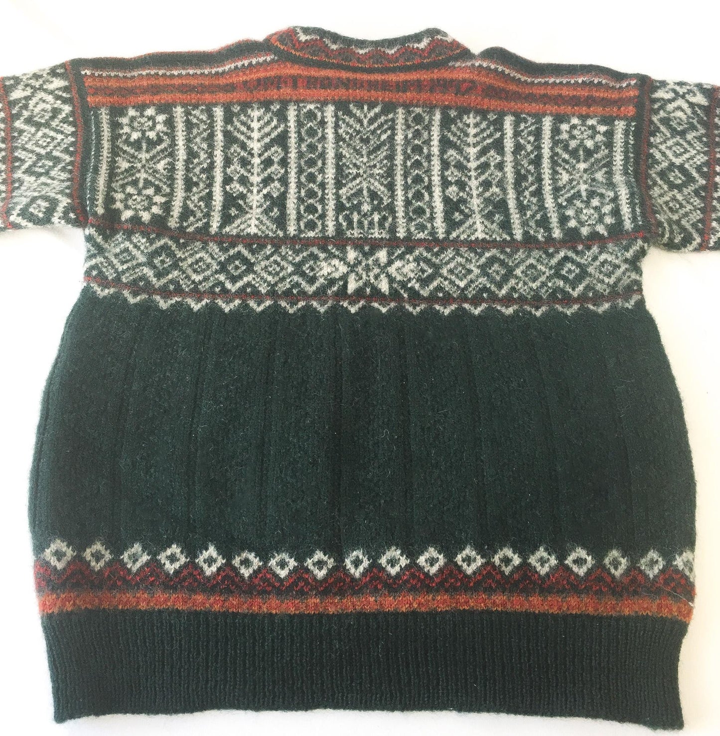 90s Dale of Norway Trodheim 1997 Dark Forest Green/Orange/Red Fair Isle Wool Sweater, Approx. Women's Sz. S, Vintage Nordic Sweater