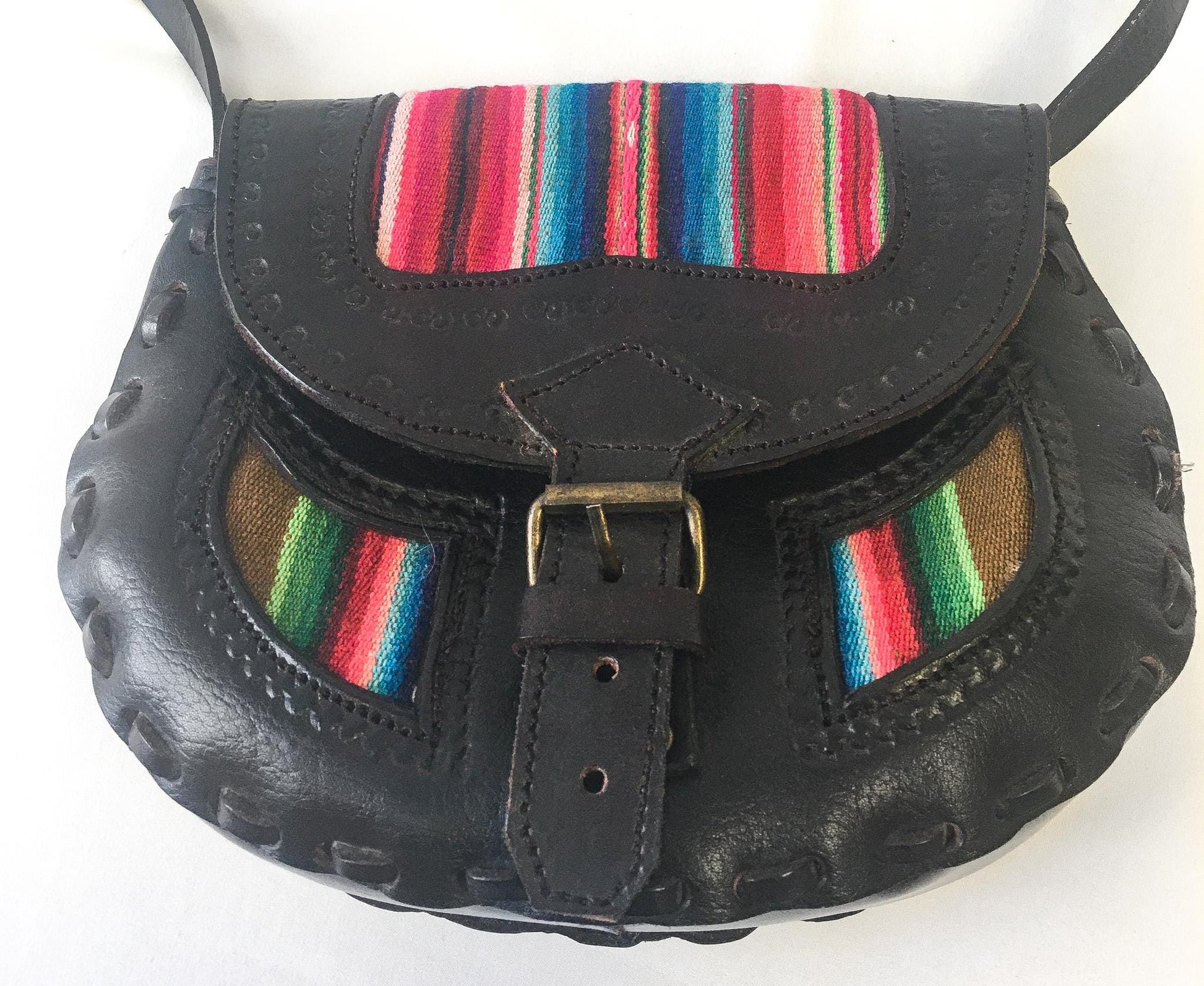 Vintage Handcrafted Black Tooled Leather Multicolor Woven Crossbody Bag, Vintage Western Handbag