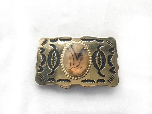 Vintage Gold Toned Abstract Etched Faux Stone Belt Buckle, Vintage Western Accessories