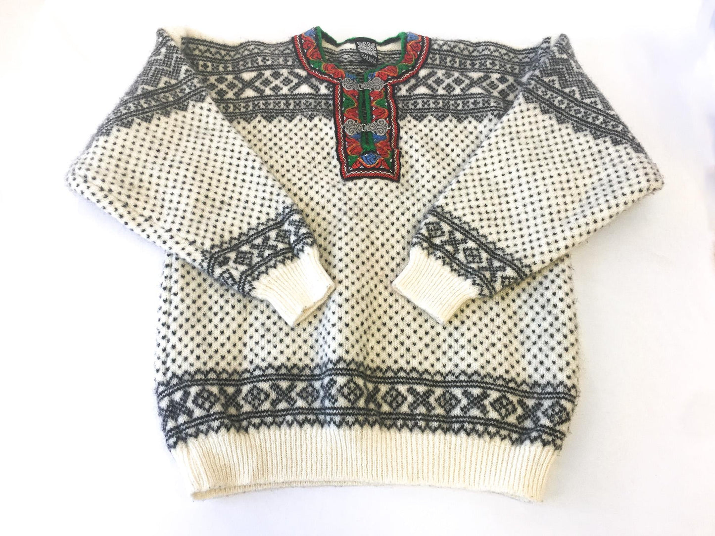 Vintage Rauma Cream/Gray/Rainbow Wool Quarter Clasp Sweater, Men's Sz. M/L, Vintage Nordic Sweater