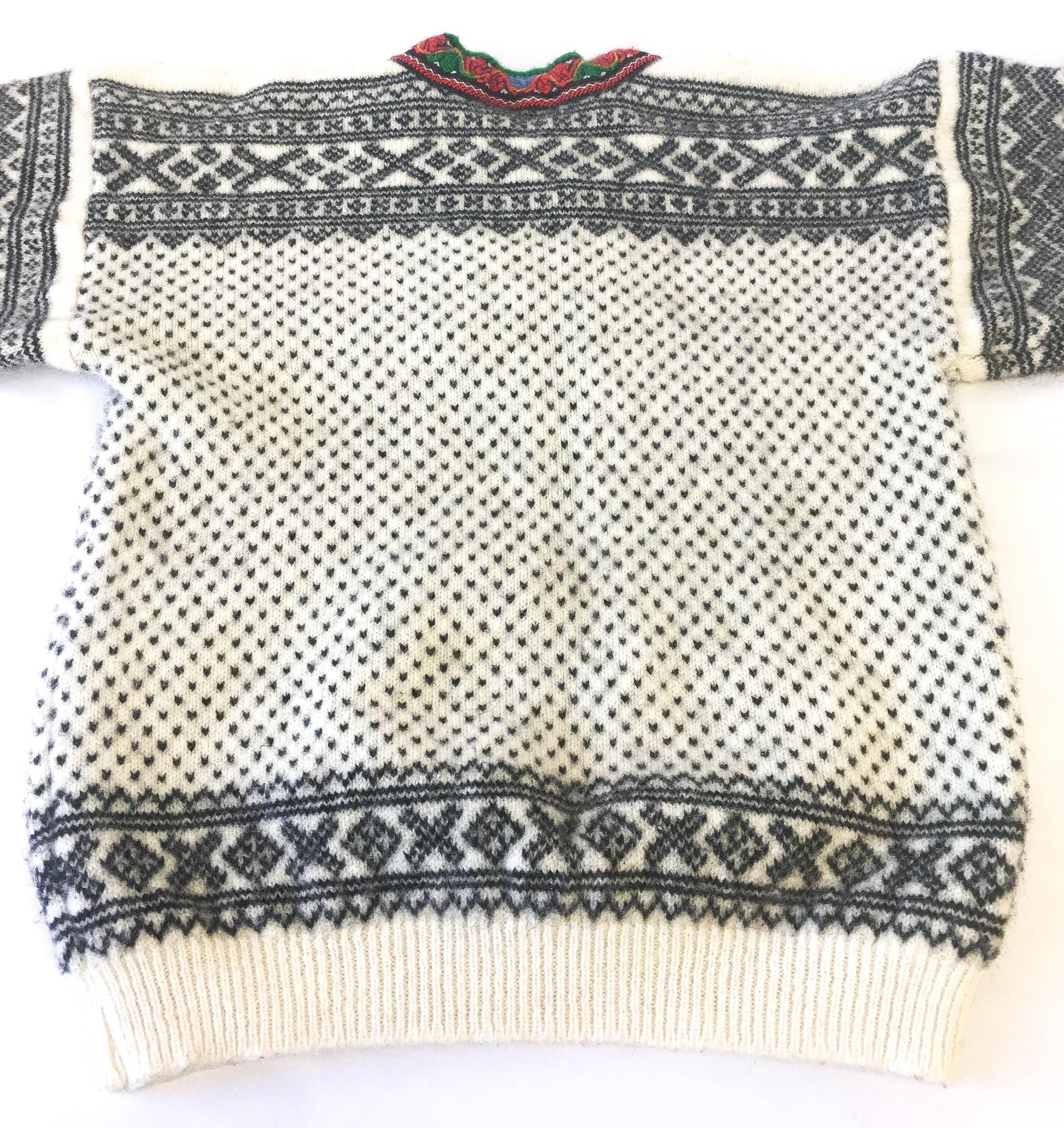 Vintage Rauma Cream/Gray/Rainbow Wool Quarter Clasp Sweater, Men's Sz. M/L, Vintage Nordic Sweater