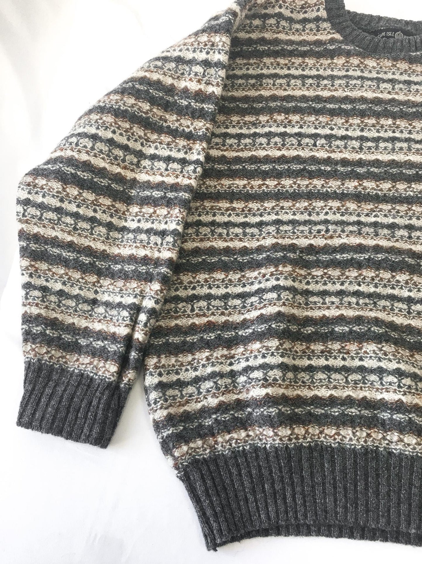 Vintage Cape Isle Knitters Gray, Cream and Brown Striped Shetland Wool Sweater, Men's Sz. L, Vintage Grandpa Sweater