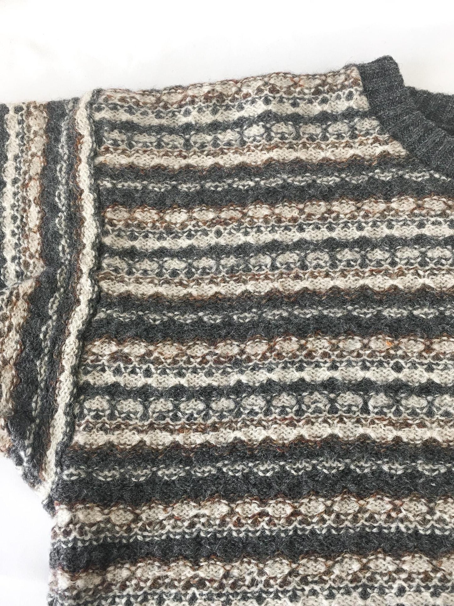 Vintage Cape Isle Knitters Gray, Cream and Brown Striped Shetland Wool Sweater, Men's Sz. L, Vintage Grandpa Sweater