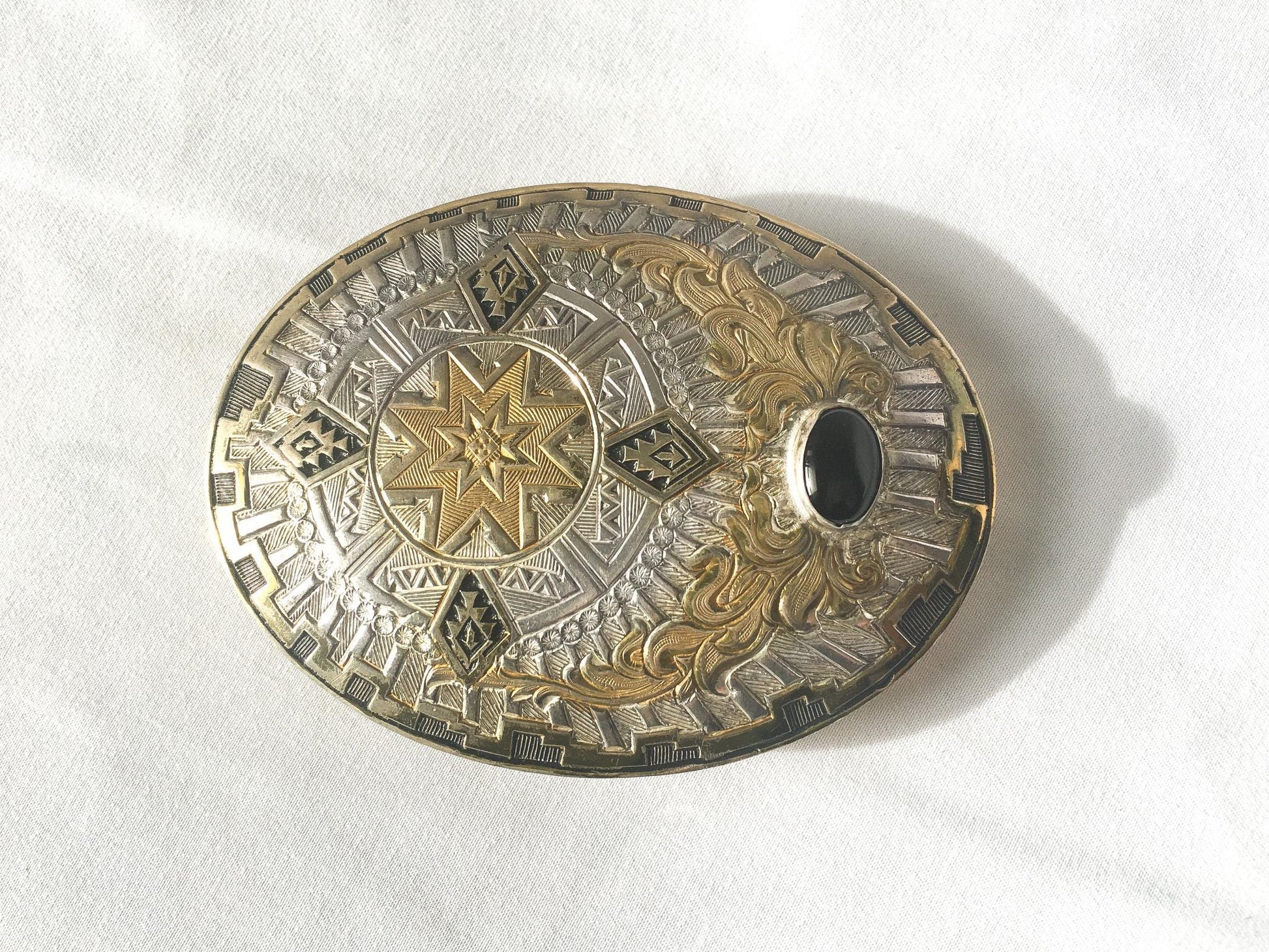 Vintage Crumine Gold and Silver Plated Onyx Aztec Belt Buckle, Vintage Native Western Belt Buckle