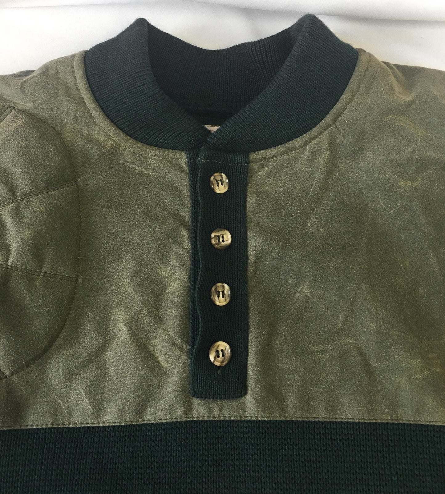 Vintage Filson Forest and Olive Green Henley Guide Suede and Wool Heavyweight Sweater, Sz. 2XL