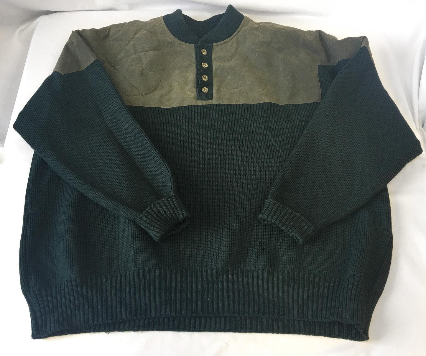 Vintage Filson Forest and Olive Green Henley Guide Suede and Wool Heavyweight Sweater, Sz. 2XL