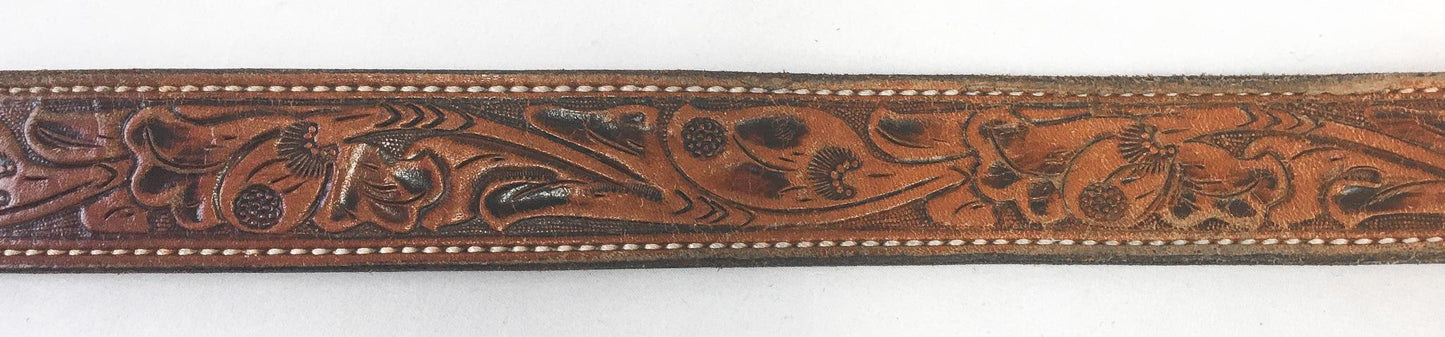 Vintage Comstock Horse Rider German Silver Belt with Tooled Engraved Leather Band, Sz. 36