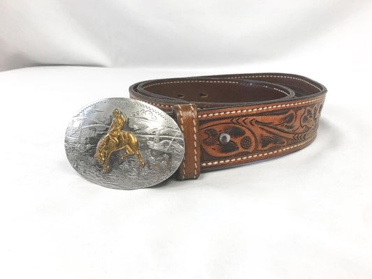 Vintage Comstock Horse Rider German Silver Belt with Tooled Engraved Leather Band, Sz. 36