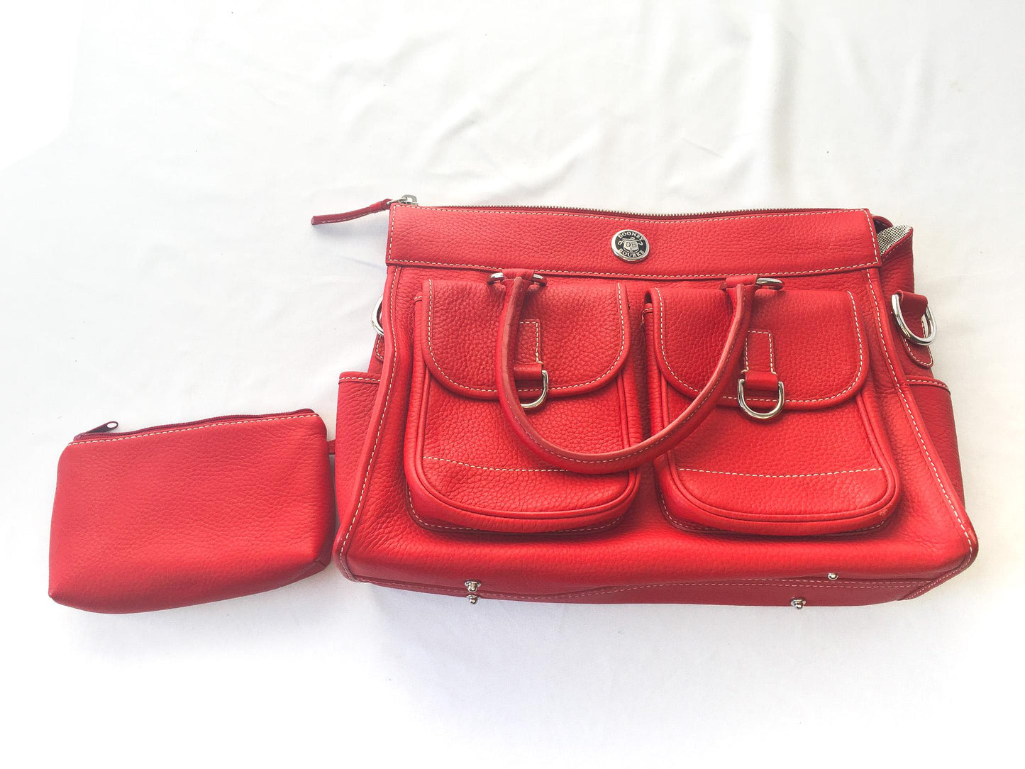 Vintage Inspired Dooney and Bourke Red Double Pocket Leather Tote with Matching Pouch and Detachable Cross Body Strap