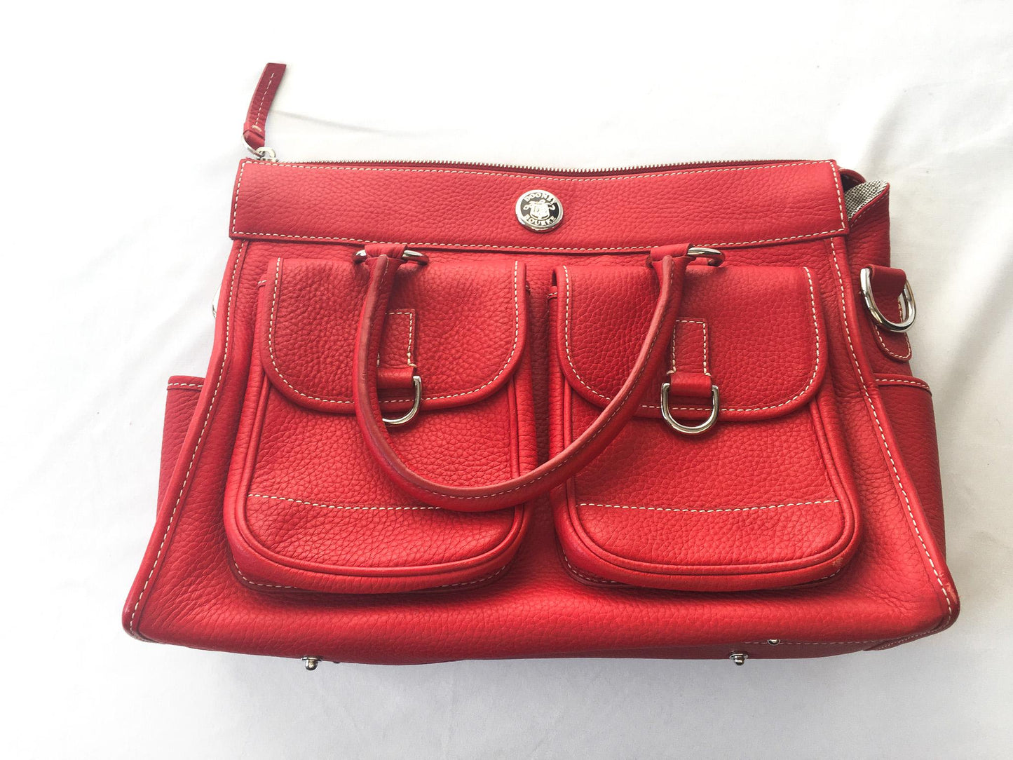 Vintage Inspired Dooney and Bourke Red Double Pocket Leather Tote with Matching Pouch and Detachable Cross Body Strap