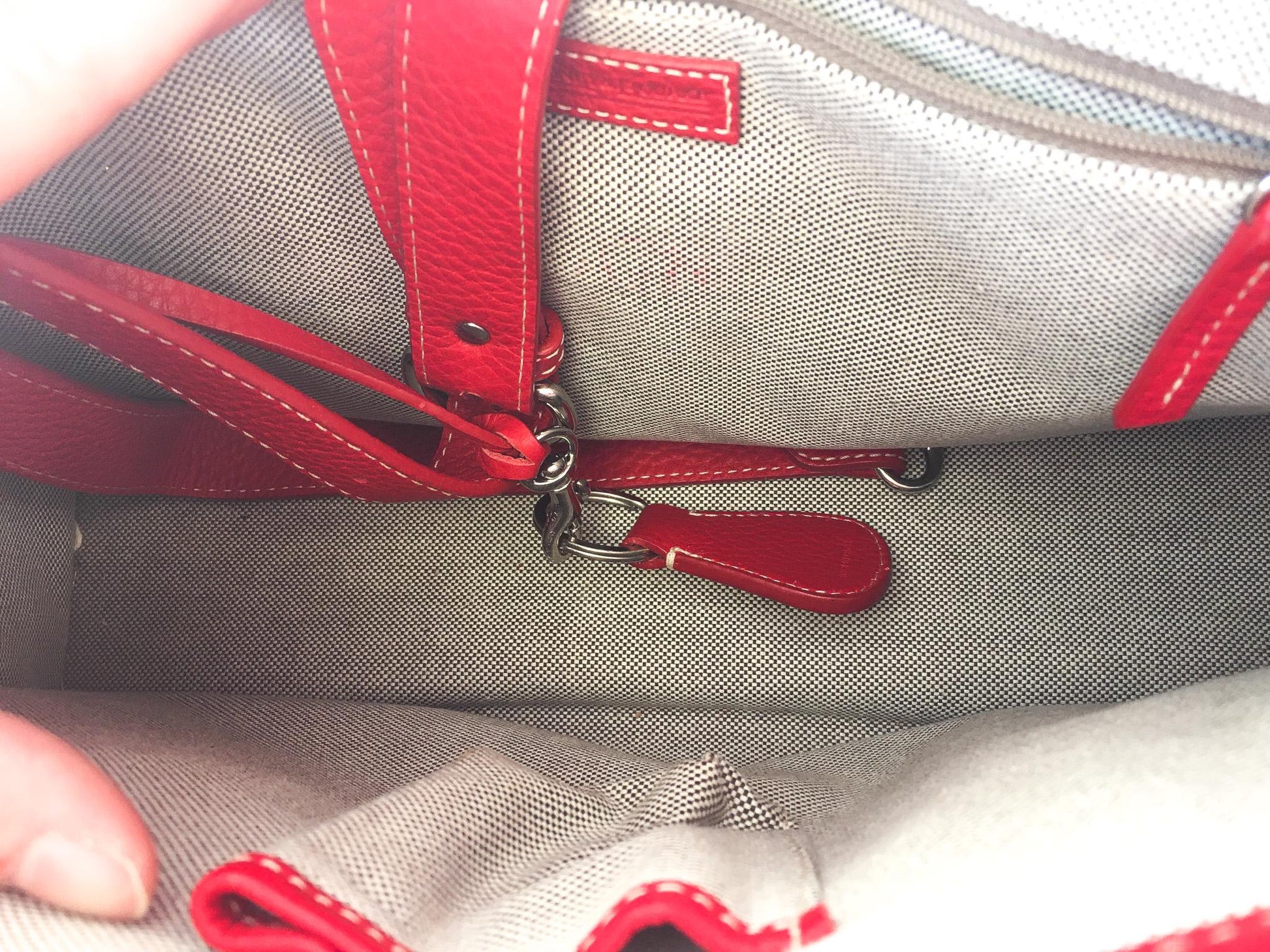 Vintage Inspired Dooney and Bourke Red Double Pocket Leather Tote with Matching Pouch and Detachable Cross Body Strap