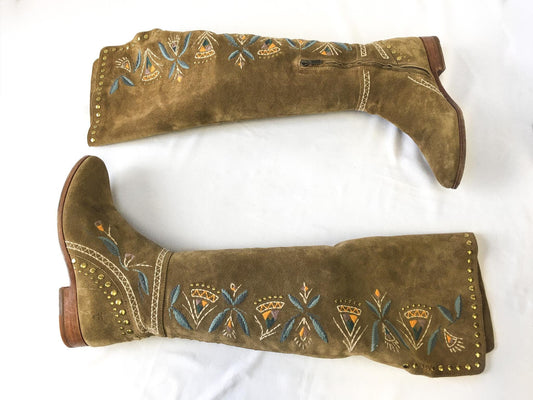 Vintage Inspired Frye Tina Over The Knee Embroidered Studded Beige/Brown/Green Toned Suede Boots, Women's Sz. 9.5M, Vintage Western Boots