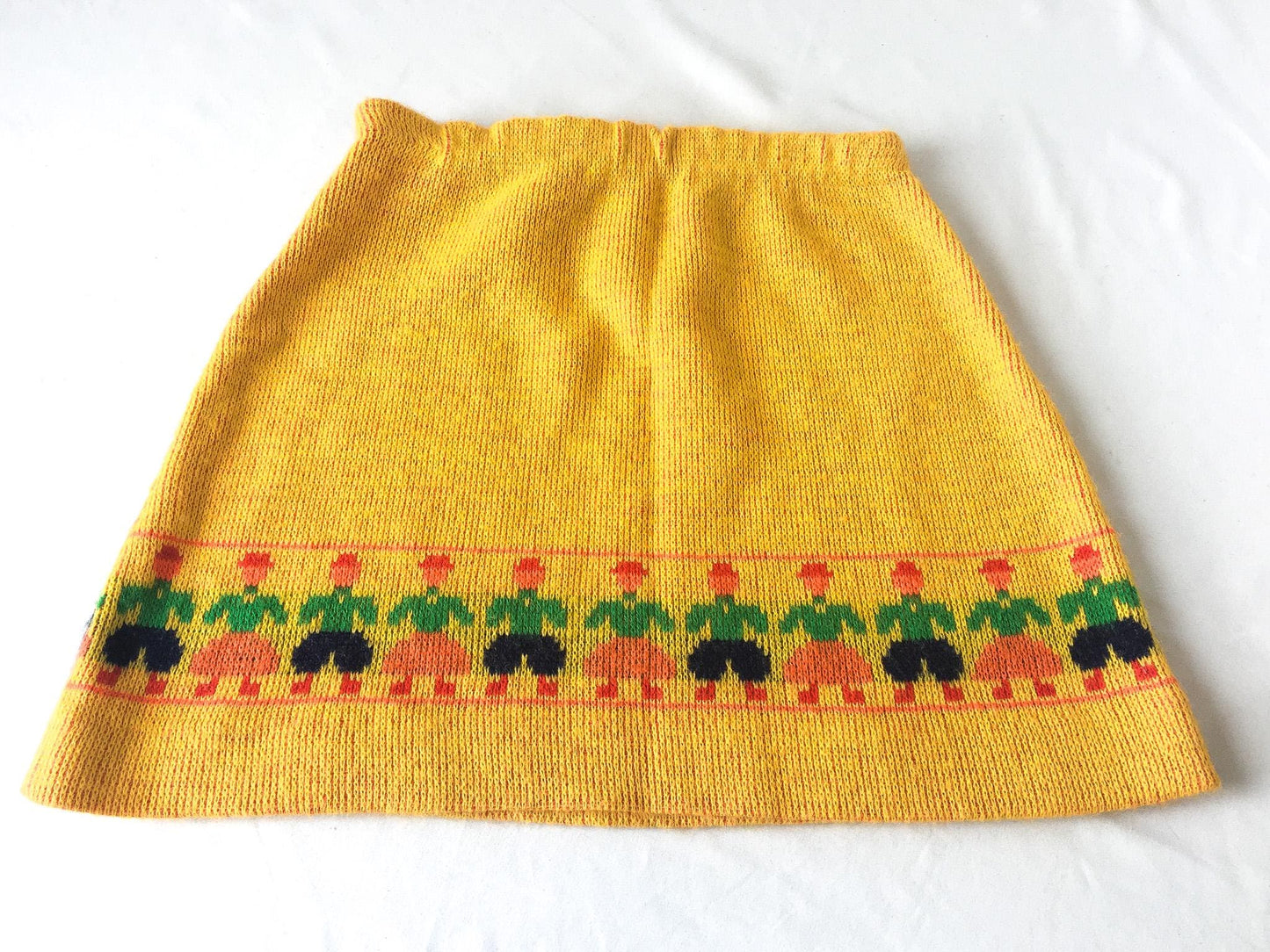 Vintage 70s Love Bug Yellow Child Patterned Tie Front Knit Skirt, 24" Waist