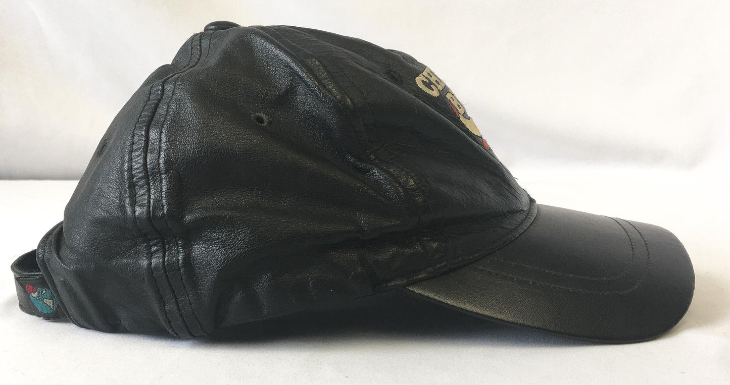 Vintage 90s Chicago Bulls Black Leather NBA Leathers Embroidered Logo Baseball Cap, Vintage Bulls NBA Streetwear Apparel