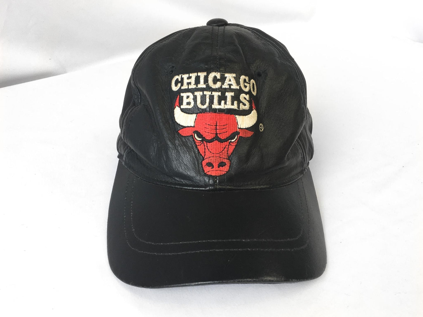 Vintage 90s Chicago Bulls Black Leather NBA Leathers Embroidered Logo Baseball Cap, Vintage Bulls NBA Streetwear Apparel