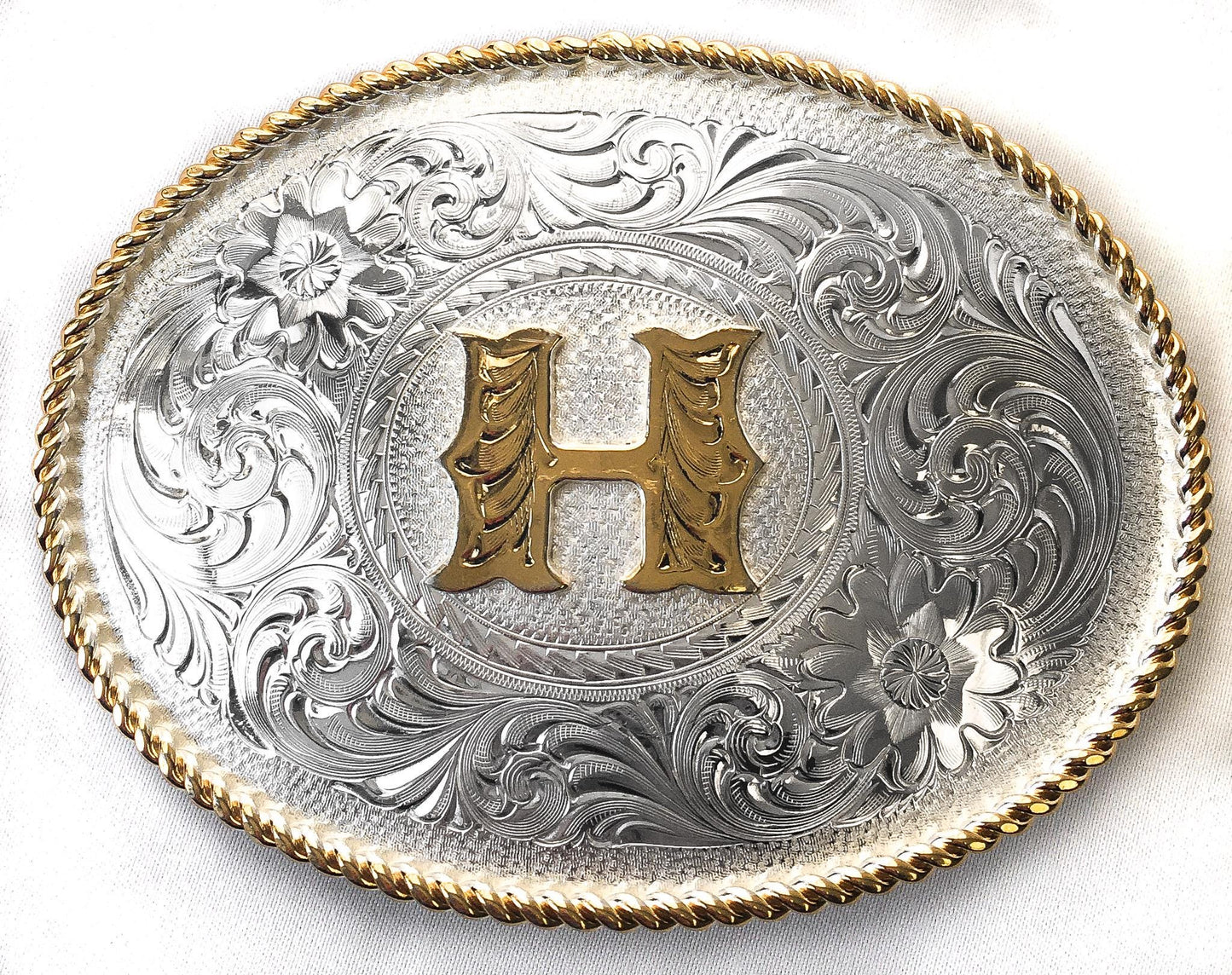 Vintage Inspired Montana Silversmiths "H" Initial Gold and Silver Toned Engraved Belt Buckle, Vintage Western Belt Buckle Accessories