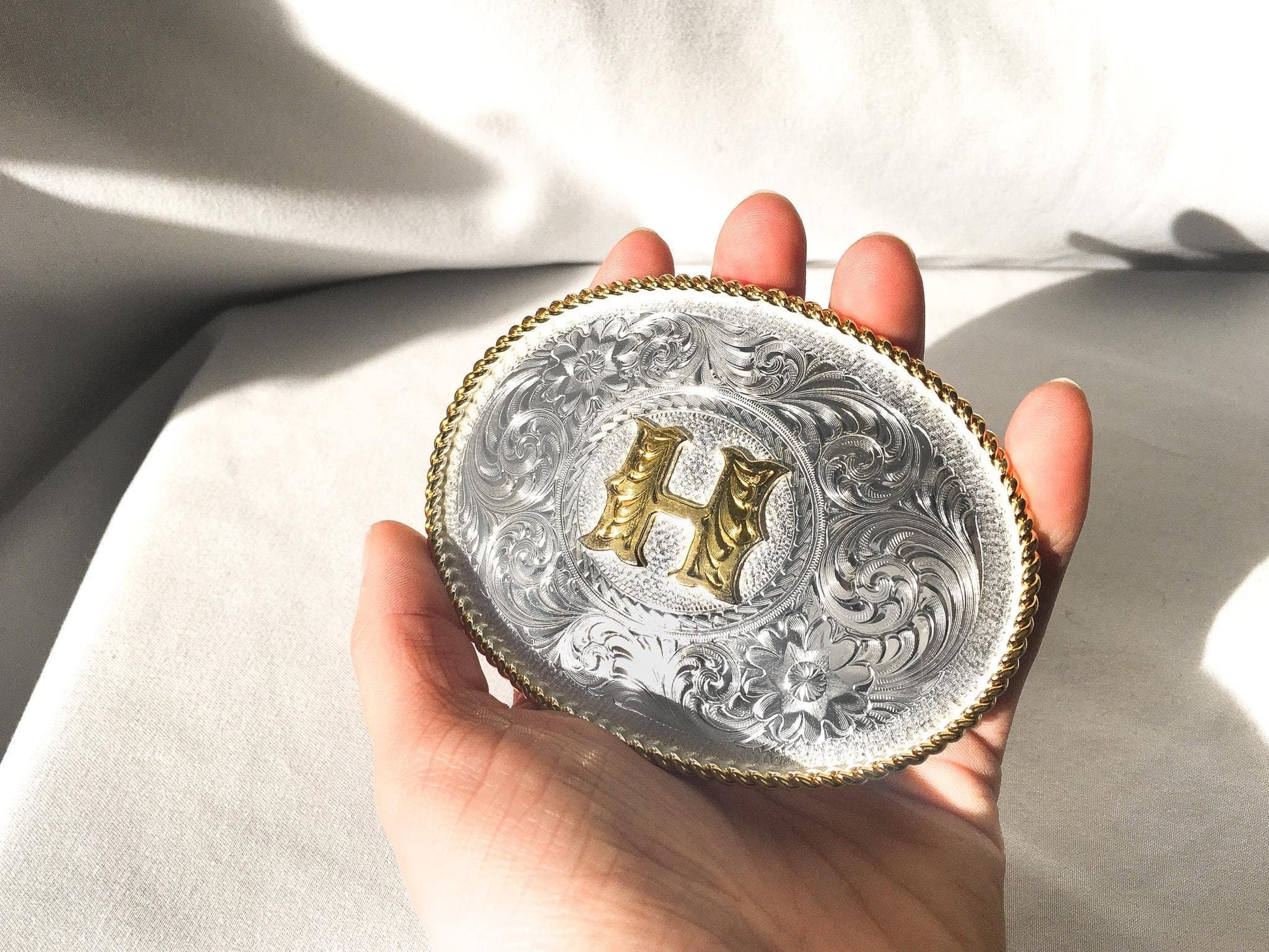 Vintage Inspired Montana Silversmiths "H" Initial Gold and Silver Toned Engraved Belt Buckle, Vintage Western Belt Buckle Accessories