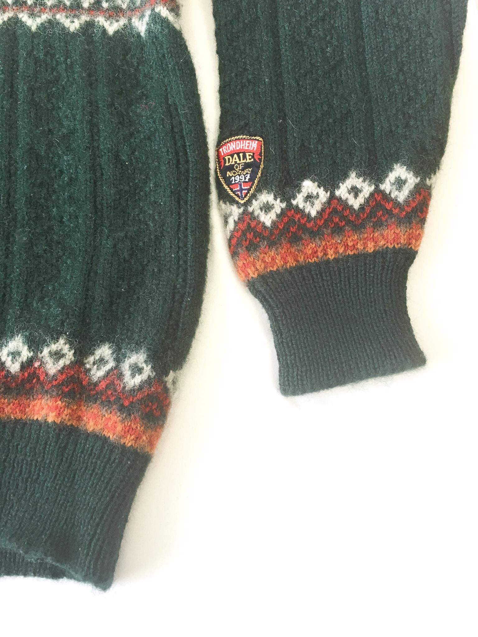 90s Dale of Norway Trodheim 1997 Dark Forest Green/Orange/Red Fair Isle Wool Sweater, Approx. Women's Sz. S, Vintage Nordic Sweater