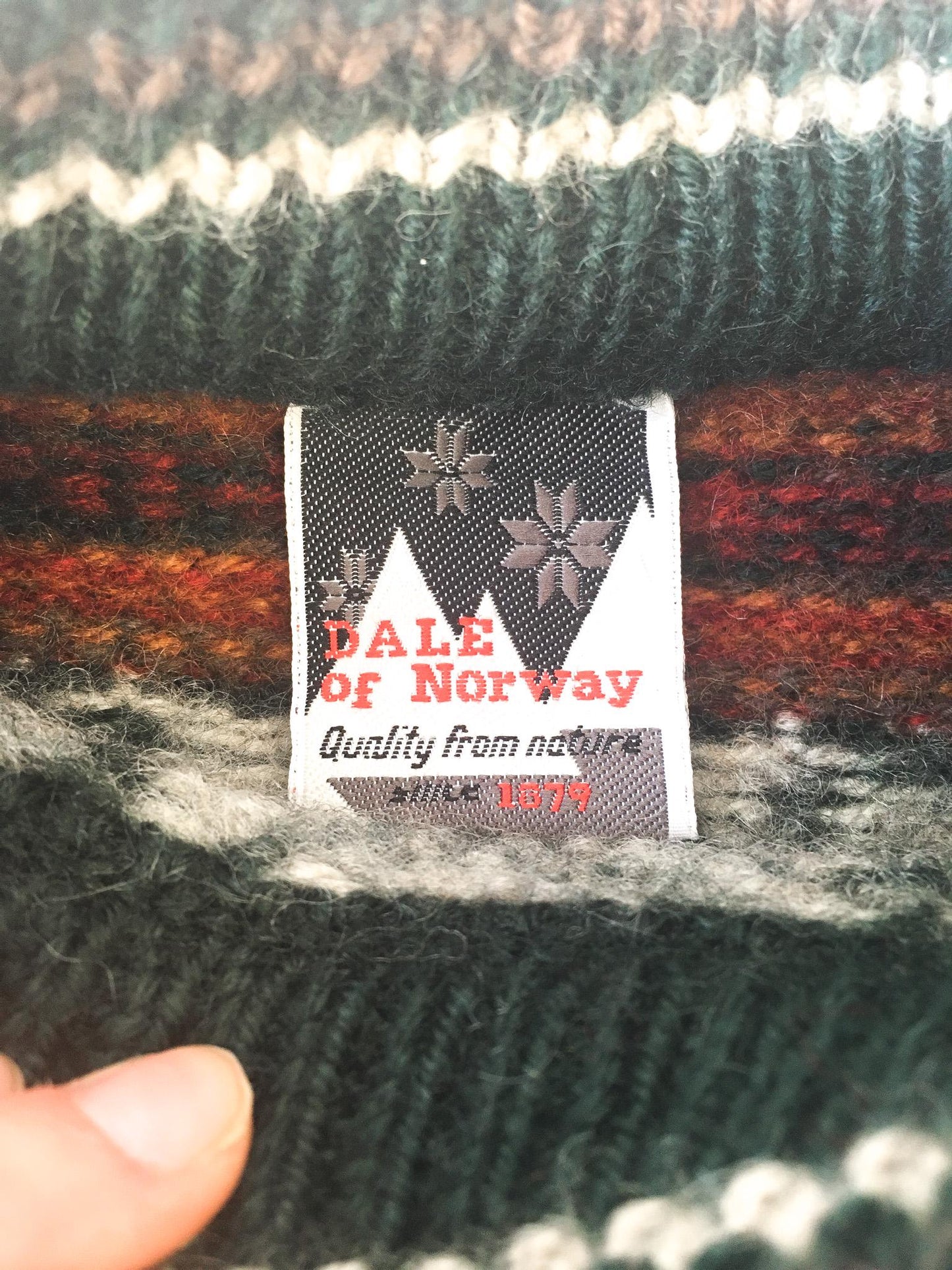 90s Dale of Norway Trodheim 1997 Dark Forest Green/Orange/Red Fair Isle Wool Sweater, Approx. Women's Sz. S, Vintage Nordic Sweater