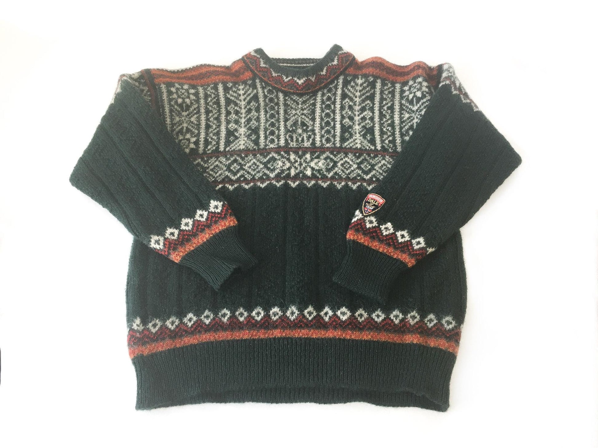 90s Dale of Norway Trodheim 1997 Dark Forest Green/Orange/Red Fair Isle Wool Sweater, Approx. Women's Sz. S, Vintage Nordic Sweater