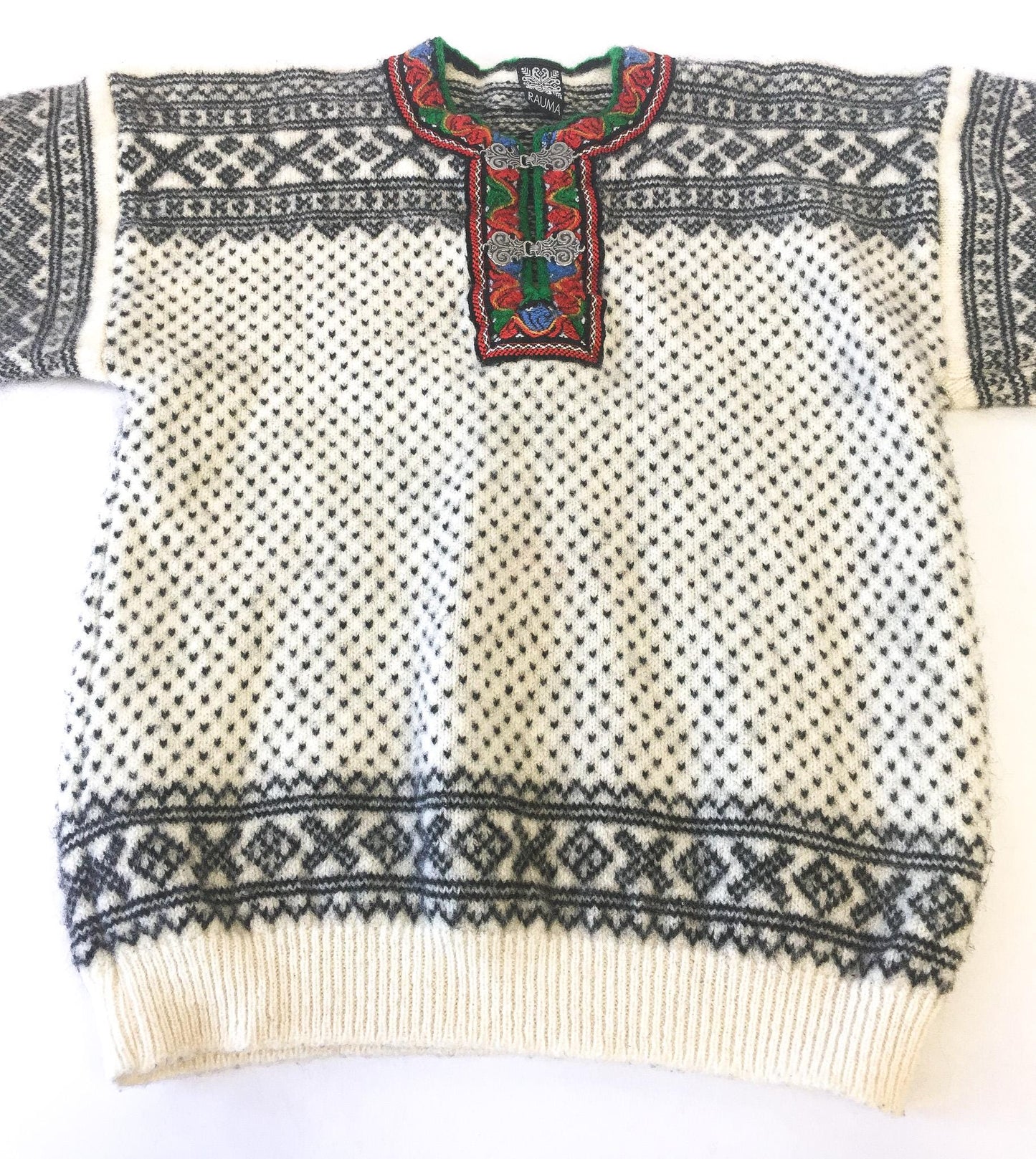 Vintage Rauma Cream/Gray/Rainbow Wool Quarter Clasp Sweater, Men's Sz. M/L, Vintage Nordic Sweater