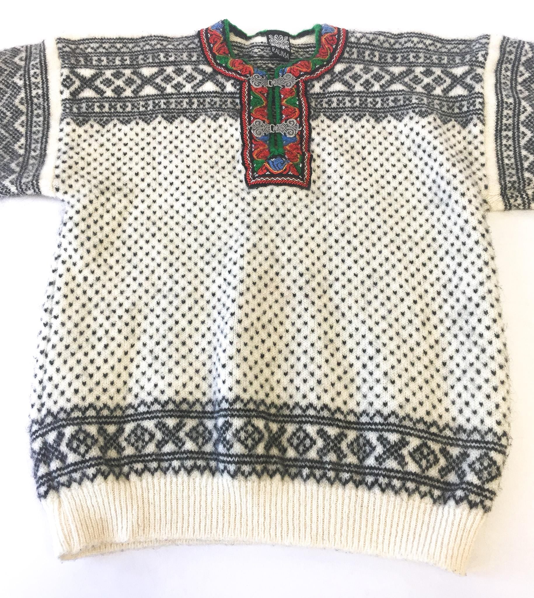 Vintage Rauma Cream/Gray/Rainbow Wool Quarter Clasp Sweater, Men's Sz. M/L, Vintage Nordic Sweater