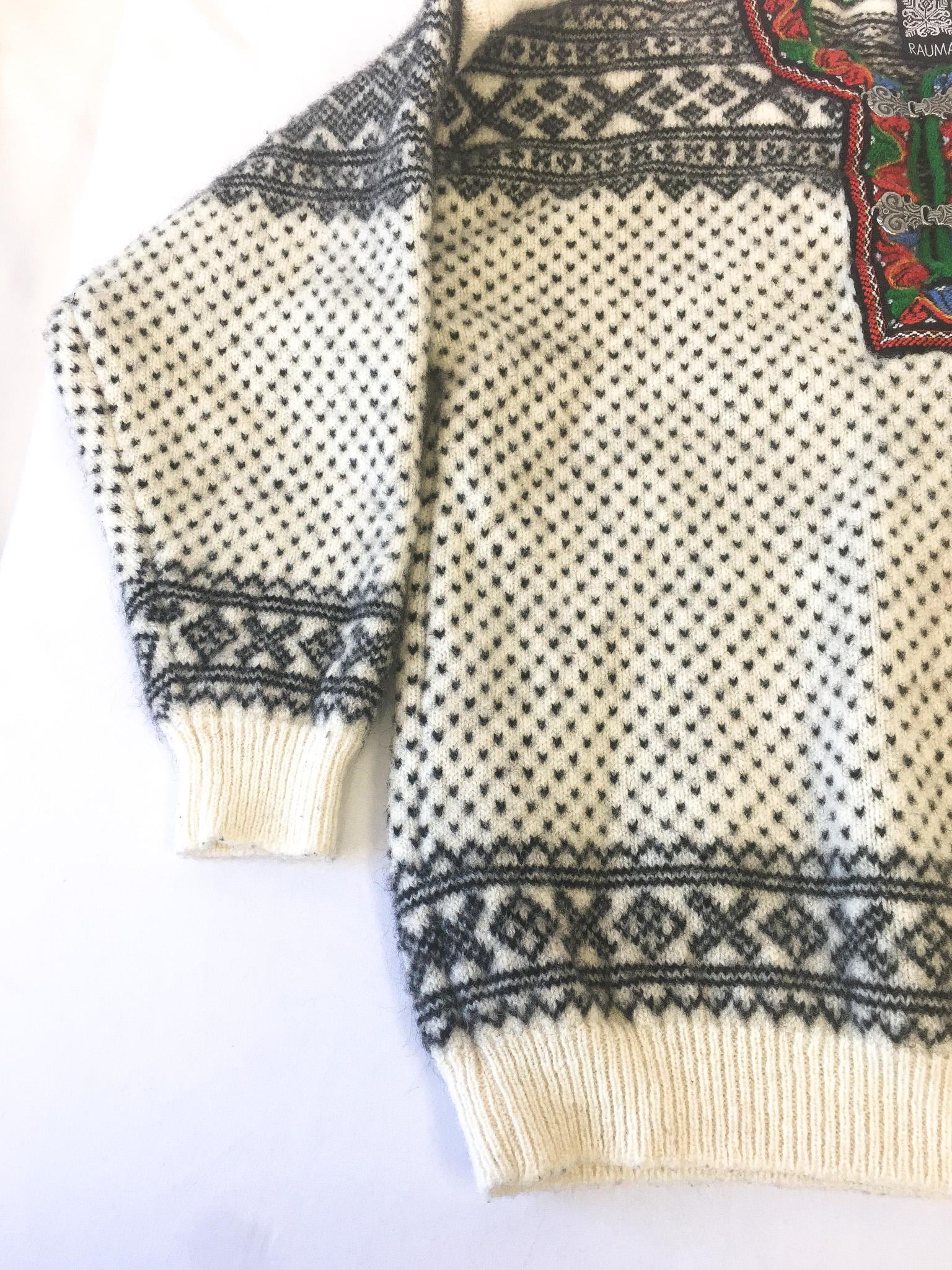 Vintage Rauma Cream/Gray/Rainbow Wool Quarter Clasp Sweater, Men's Sz. M/L, Vintage Nordic Sweater