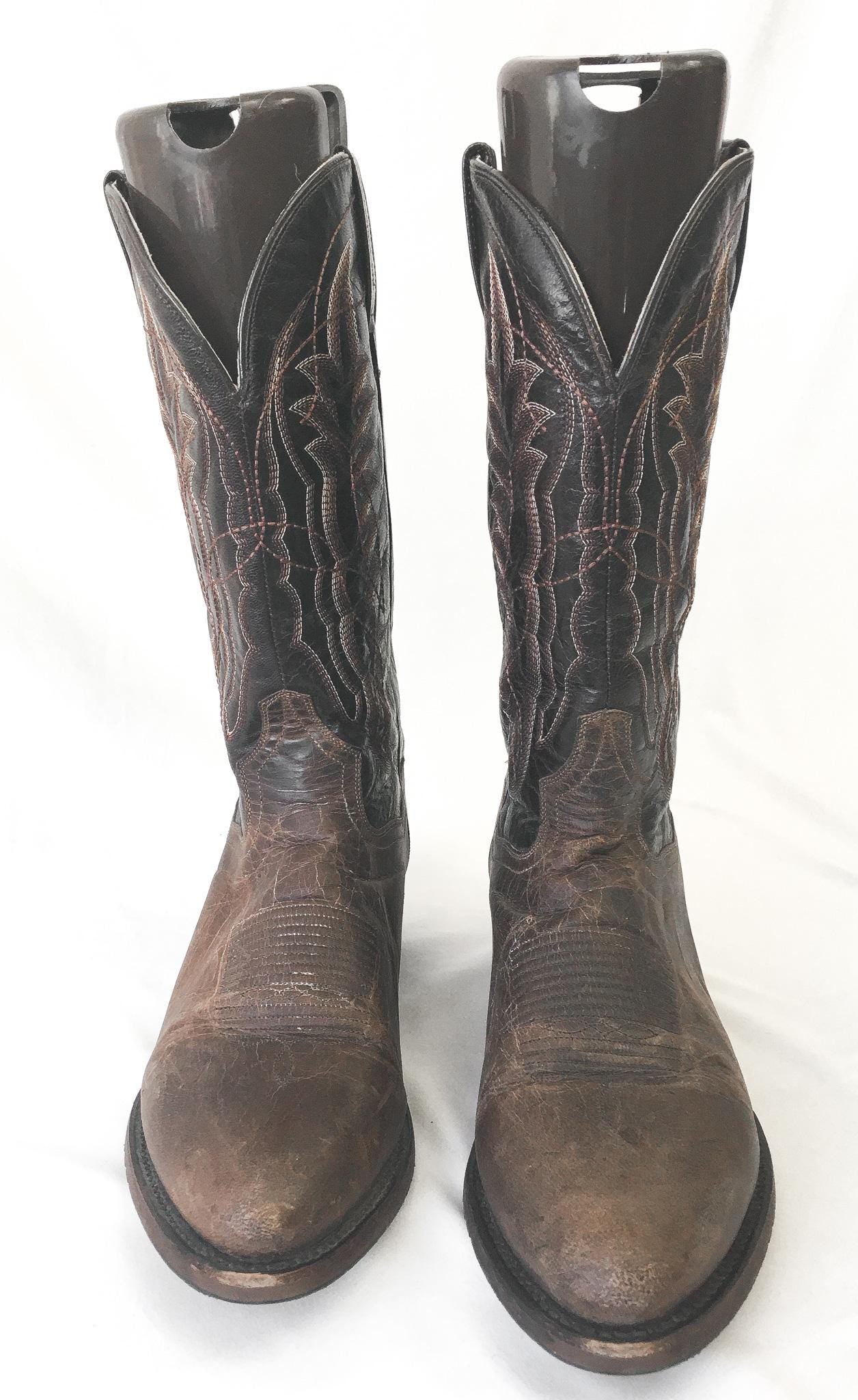 Vintage Dan Post Brown and Black Embroidered Leather Cowboy Boots, Style #3366, Men's Sz. 11D, Vintage Western Boots