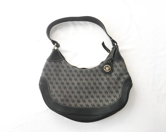 00s Dooney and Bourke Black/Gray Monogram Canvas Leather Trim Hobo Shoulder Bag, Y2K Dooney and Bourke Handbag