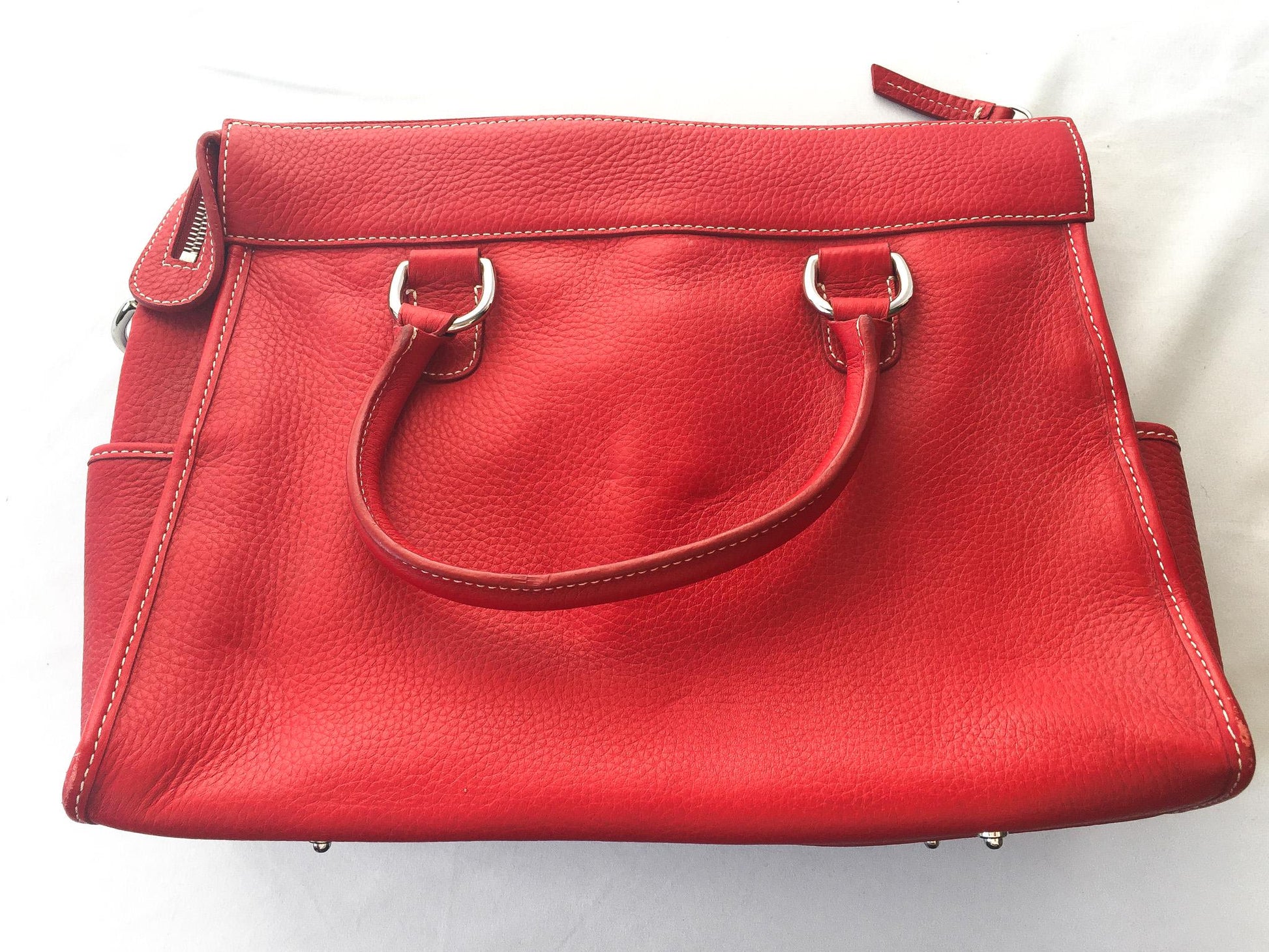 Vintage Inspired Dooney and Bourke Red Double Pocket Leather Tote with Matching Pouch and Detachable Cross Body Strap