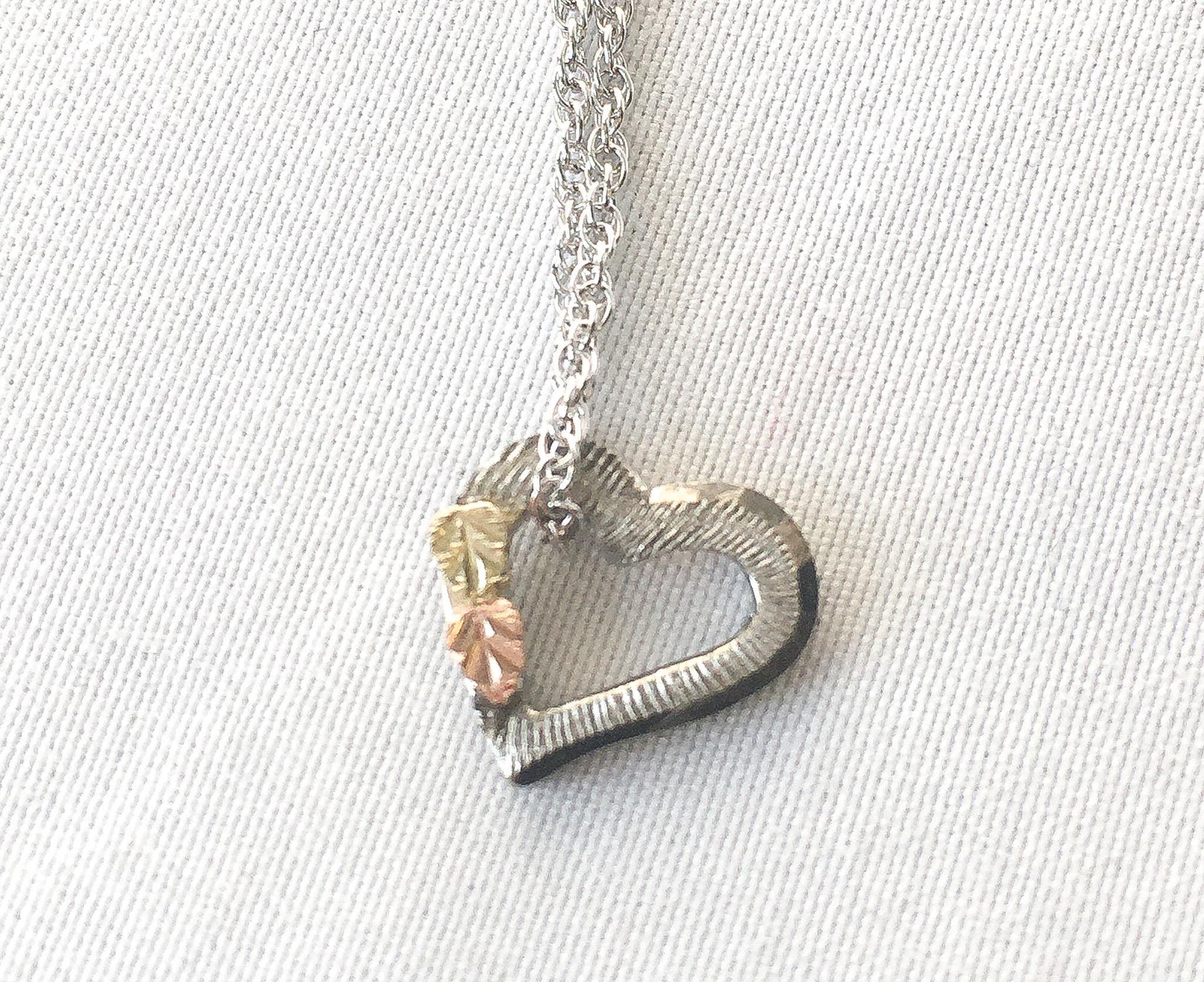 Vintage Landstrom's Black Hills Gold 10K 925 Floating Heart Necklace, 17" 925 Chain, .25" Pendant, Dainty Black Hills Jewelry