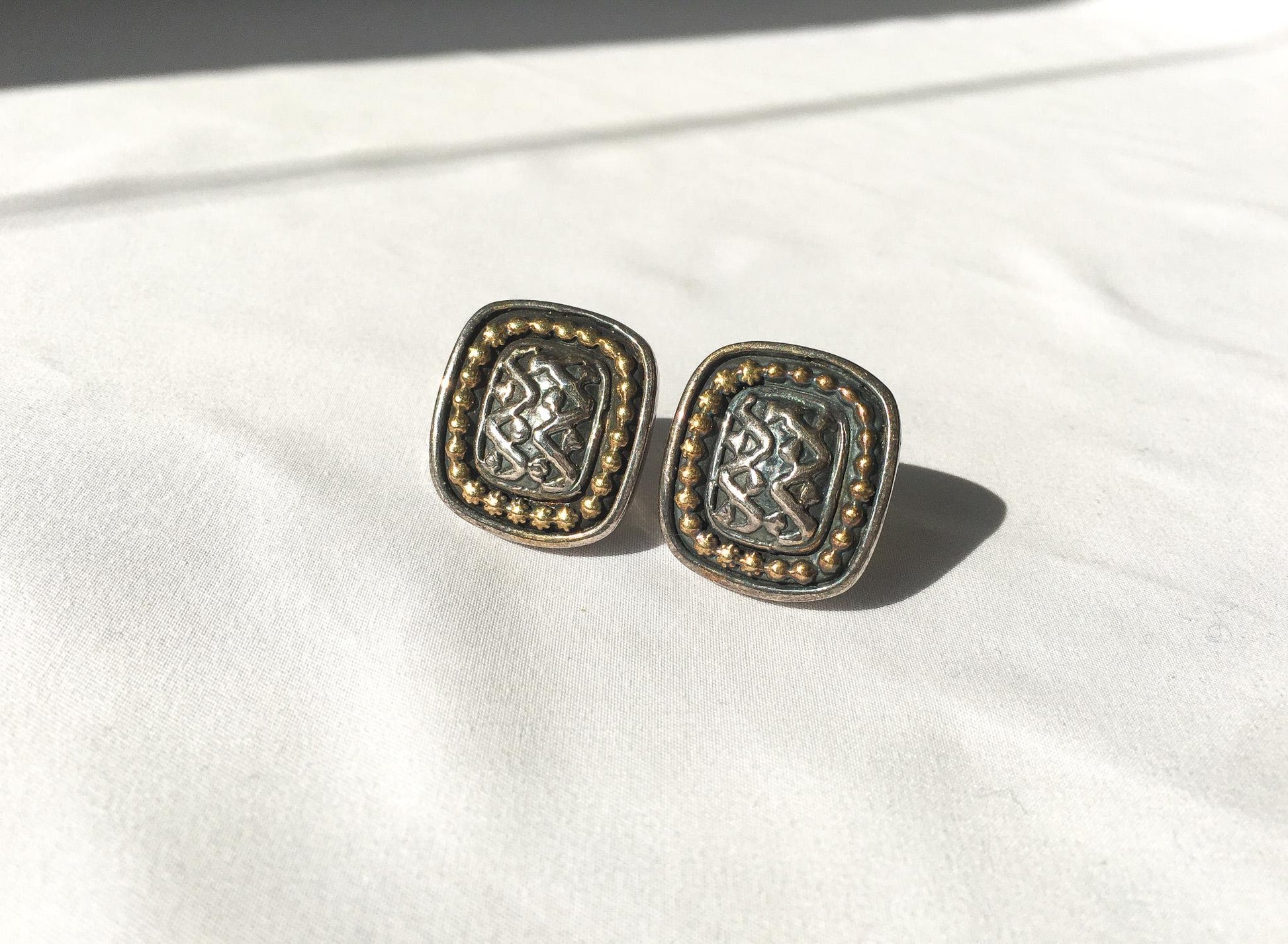 Vintage Simon Sebbag 925 Abstract Square Clip-On Earrings, Vintage Navajo Boho Jewelry