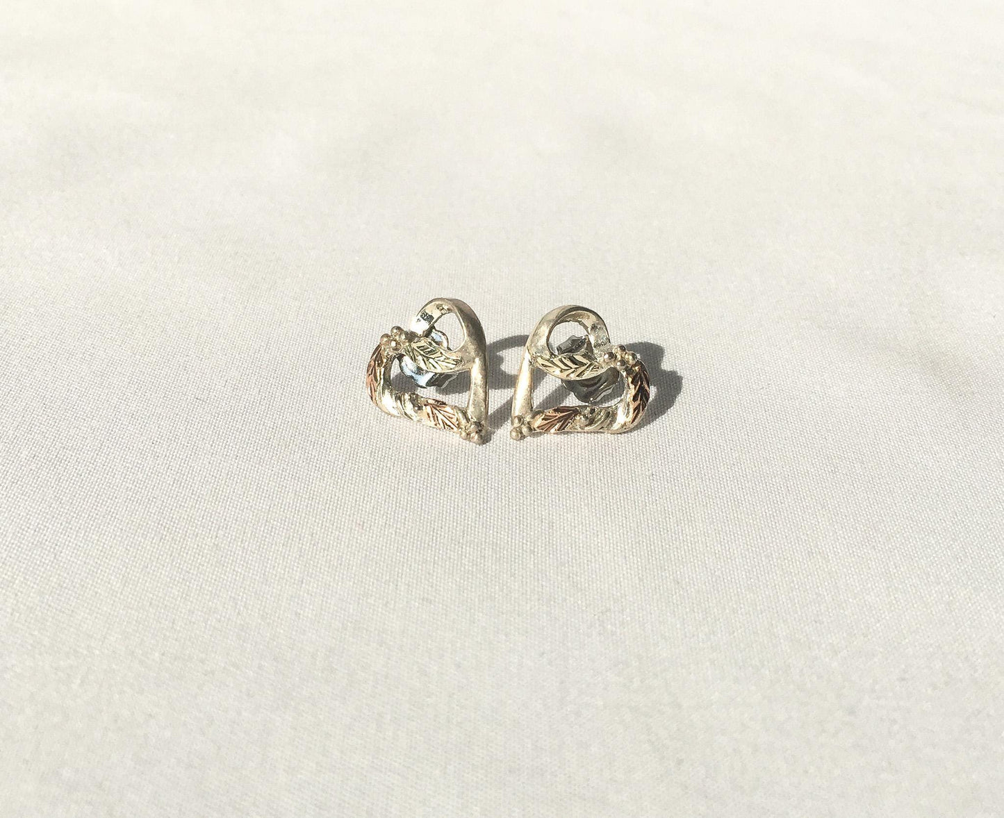 Vintage RGC Black Hills Gold 925 Sterling Floral Heart Stud Earrings, Vintage Black Hills Jewelry