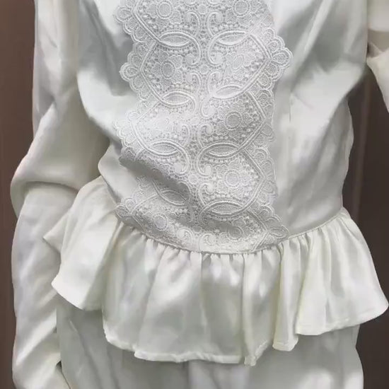 Vintage 70s Gunne Sax By Jessica McClintock Ivory Lace Front Top and Skirt Set, Vintage Sz. 9