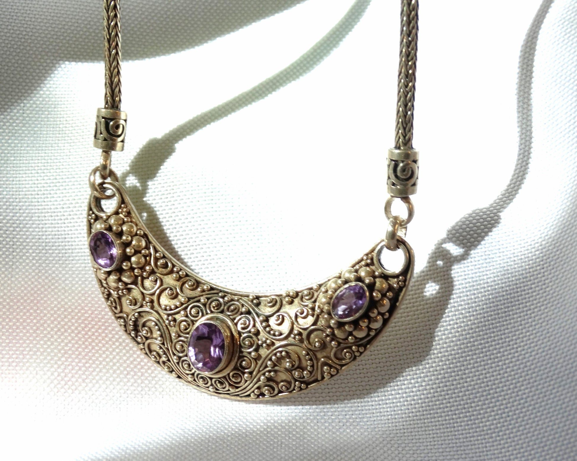 Vintage Indonesia Amethyst 925 Sterling Filigree Necklace