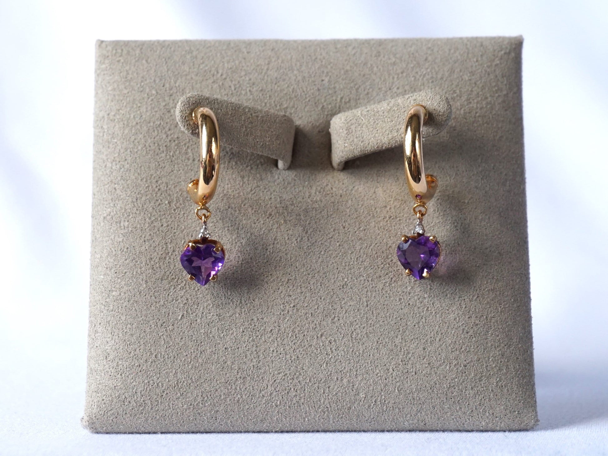 Vintage 10K Gold Amethyst Diamond Half Hoop Heart Dangle Stud Earrings, Estate Jewelry