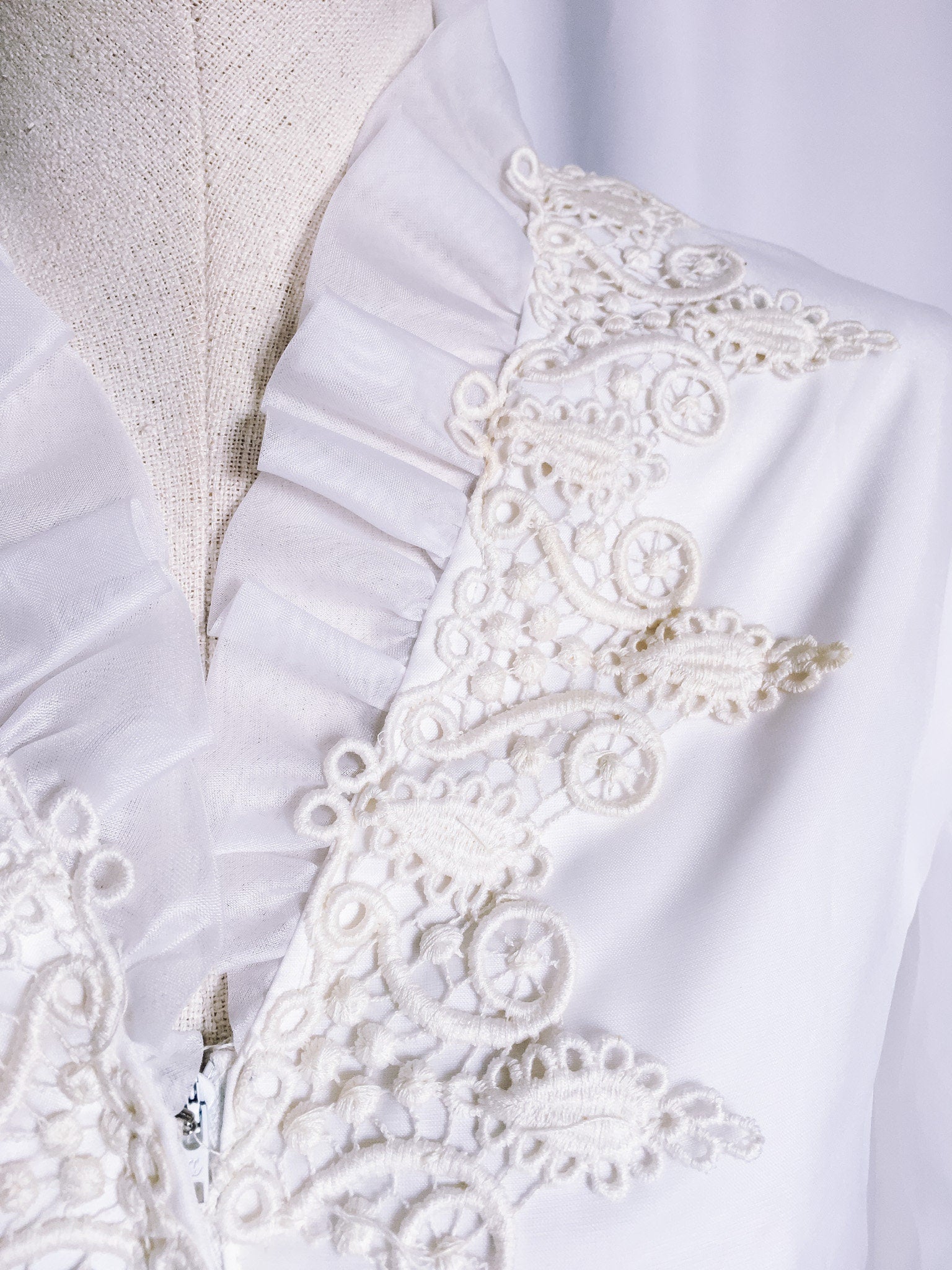 Vintage Long-sleeved Collared Wedding Dress with Cream Lace Detailing