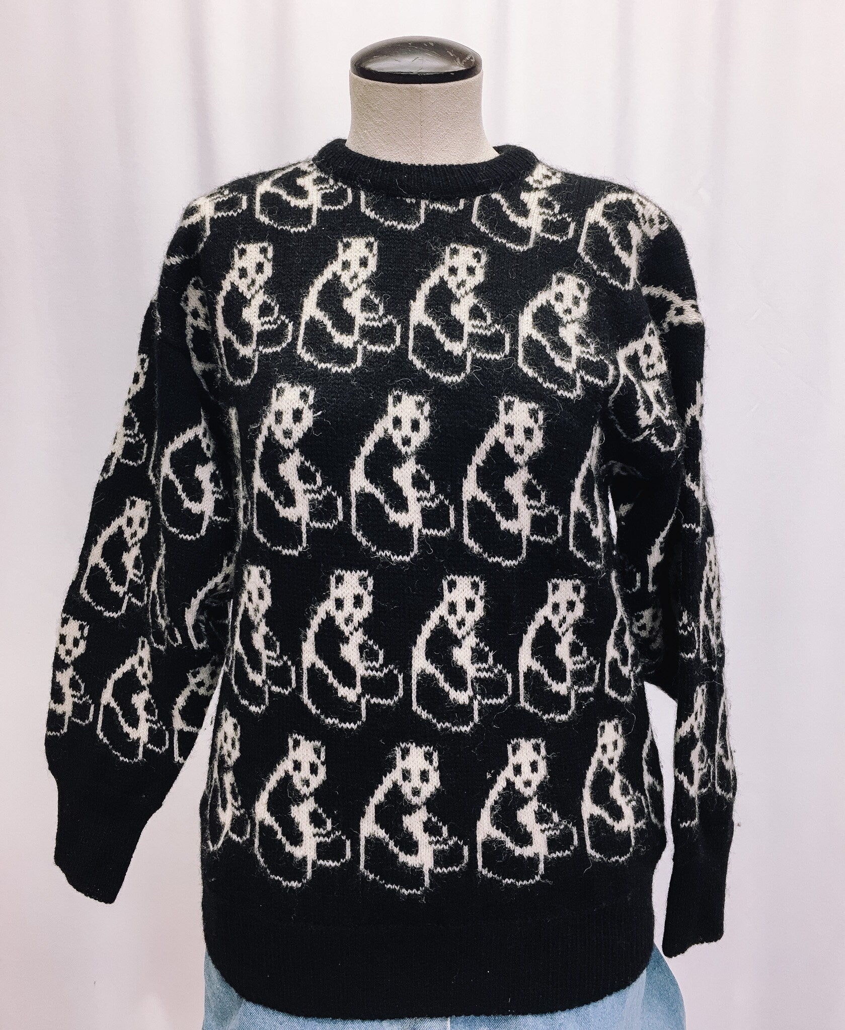 Vintage Pure Wool Panda Print Sweater, Pure Wool Crewneck, Sz. M