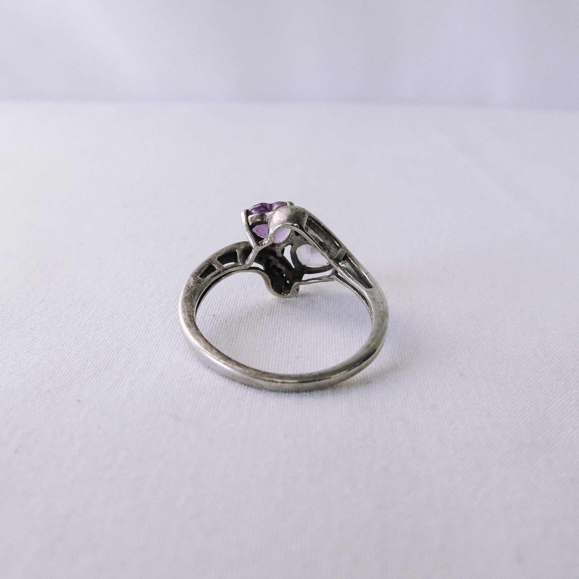 Vintage 925 Diamond Chip with Double Amethyst Heart, Size 6.5