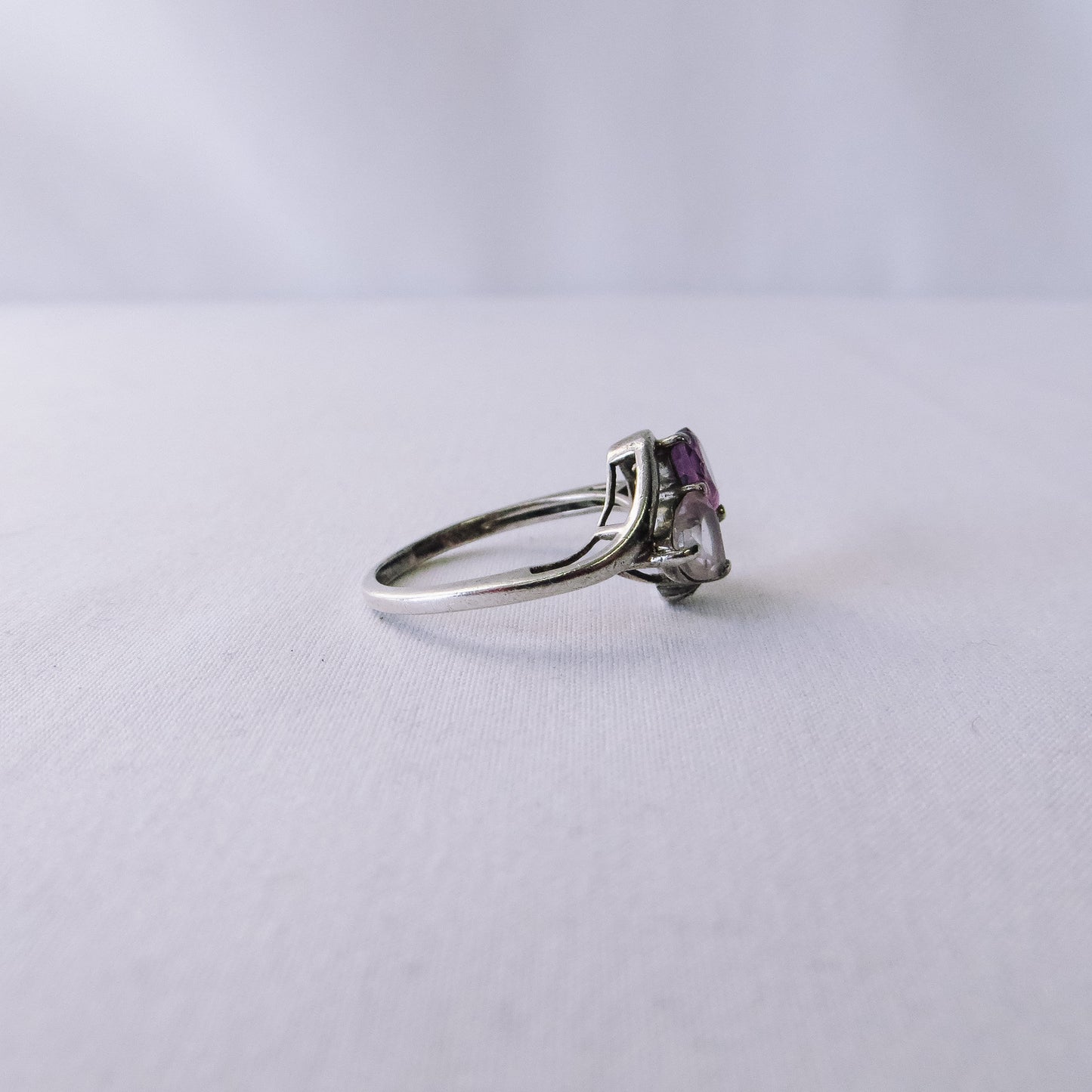 Vintage 925 Diamond Chip with Double Amethyst Heart, Size 6.5