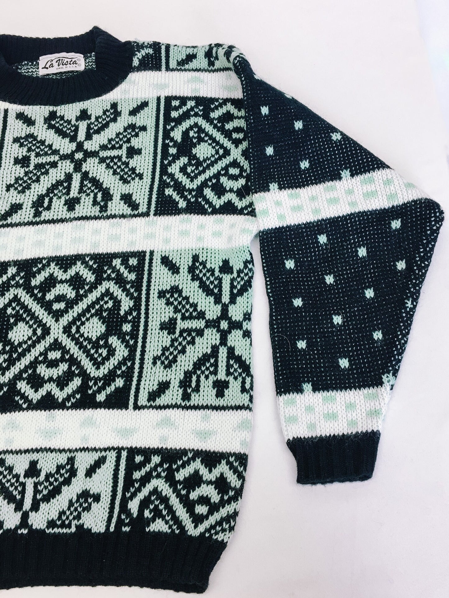 Vintage 80s La Vista Fair Isle Mint and Black Patterned Sweater, Vintage 1980s Crewneck