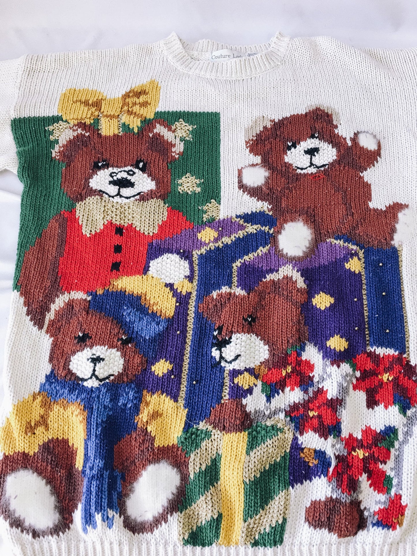 Vintage Lady Couture Teddy Bear Holiday Sweater, Vintage Christmas Sweater, Sz. XL