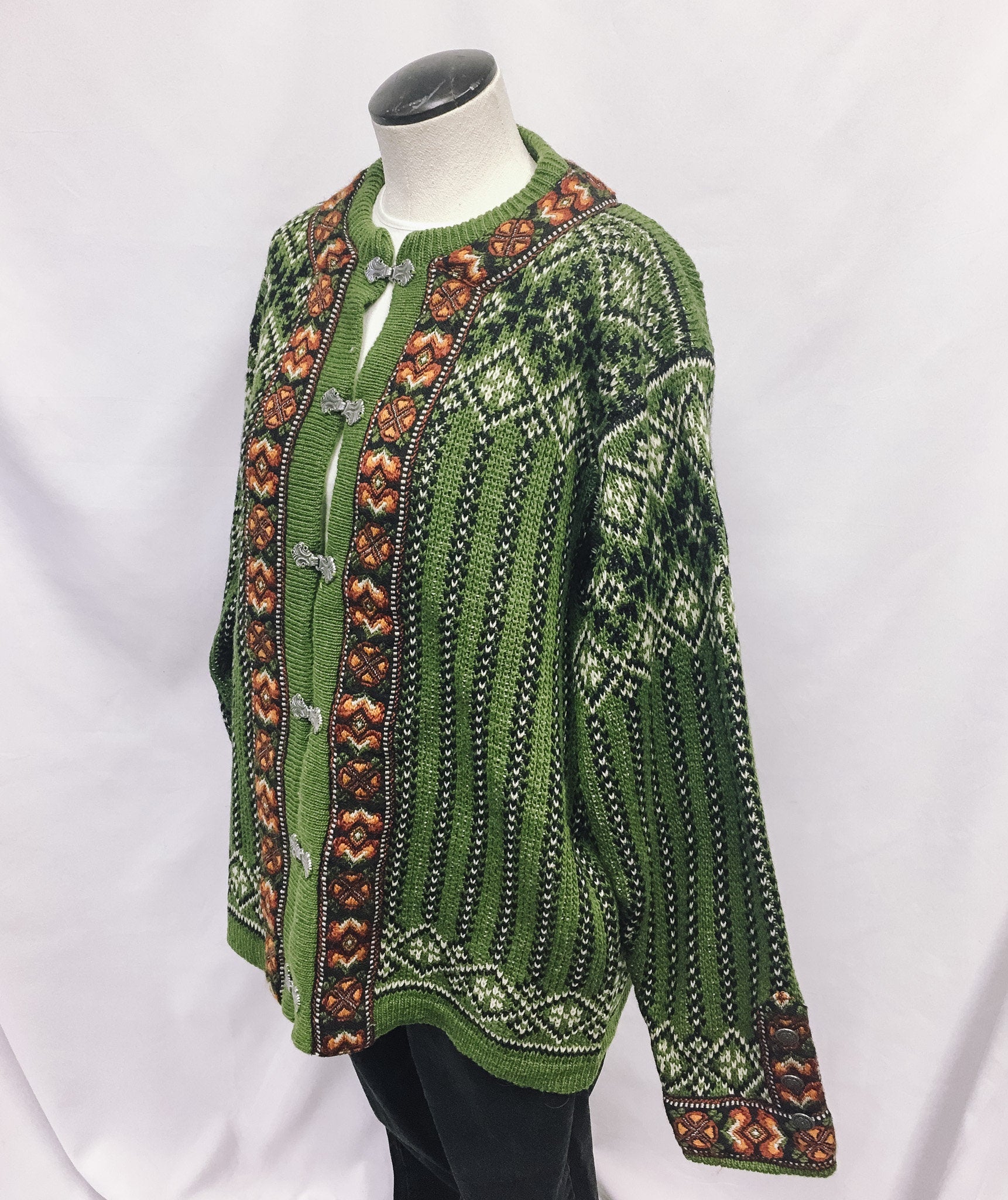 90s Nordstrikk Nordic Green Embroidered Wool Cardigan With Metal