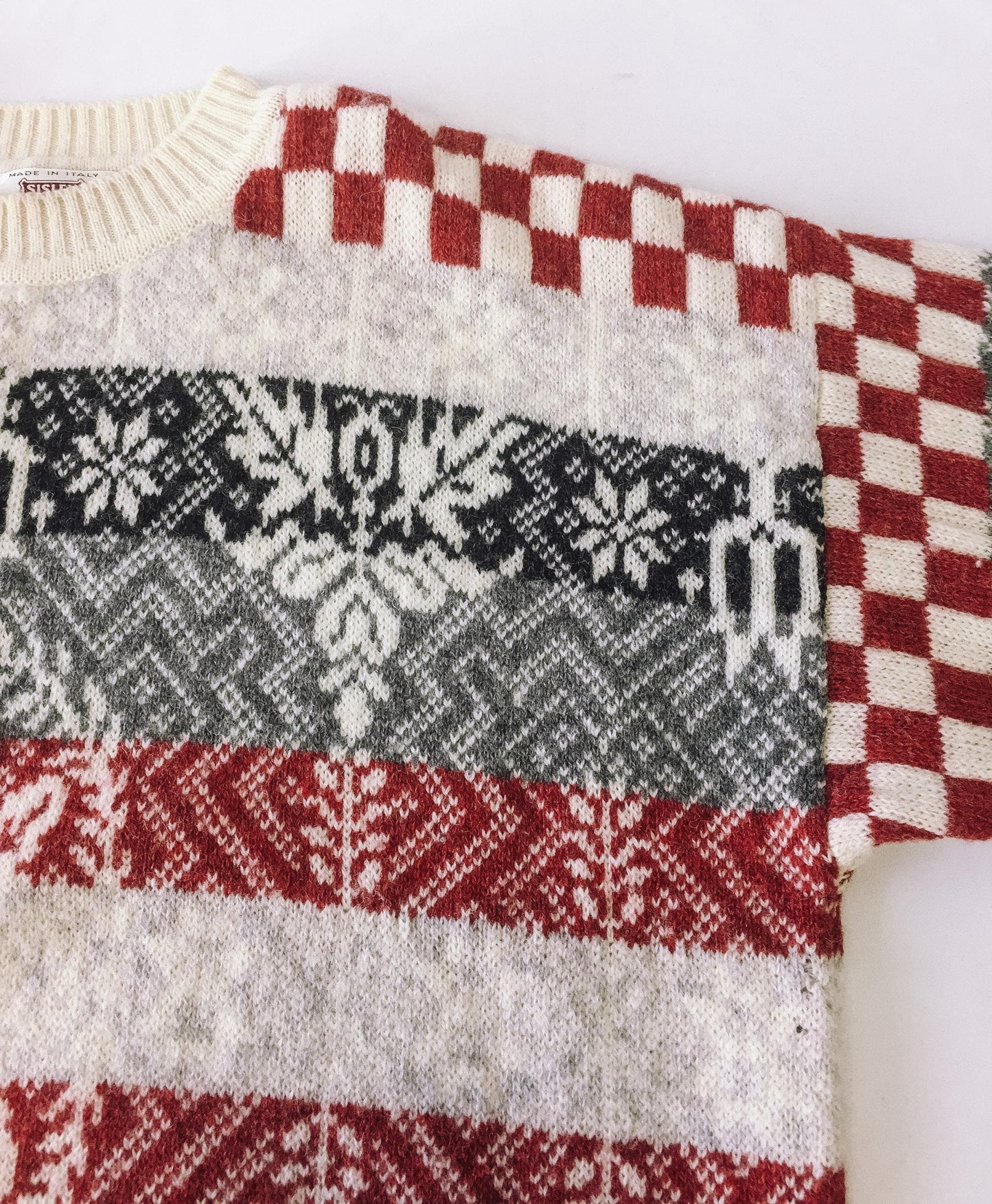 Vintage 80s Sisley Red and Gray Checkered Snowflake Sweater, Made in Italy, 80s Holiday Sweater