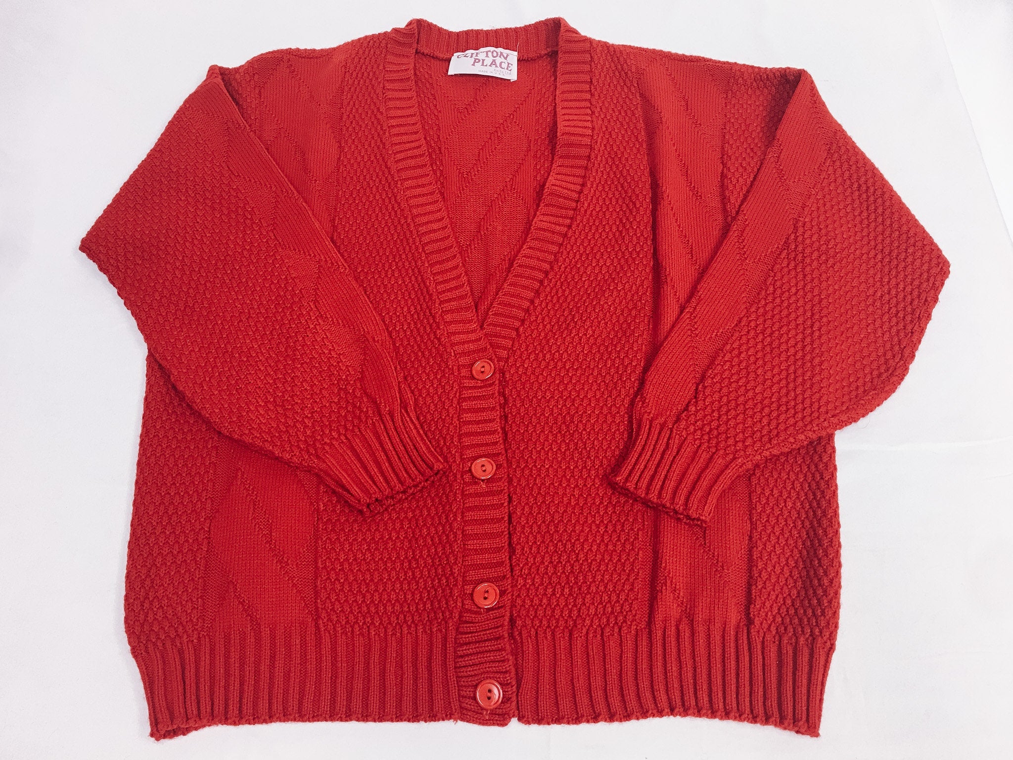 Vintage 80s Clifton Place Knits Red Cable Knit Button Up Cardigan