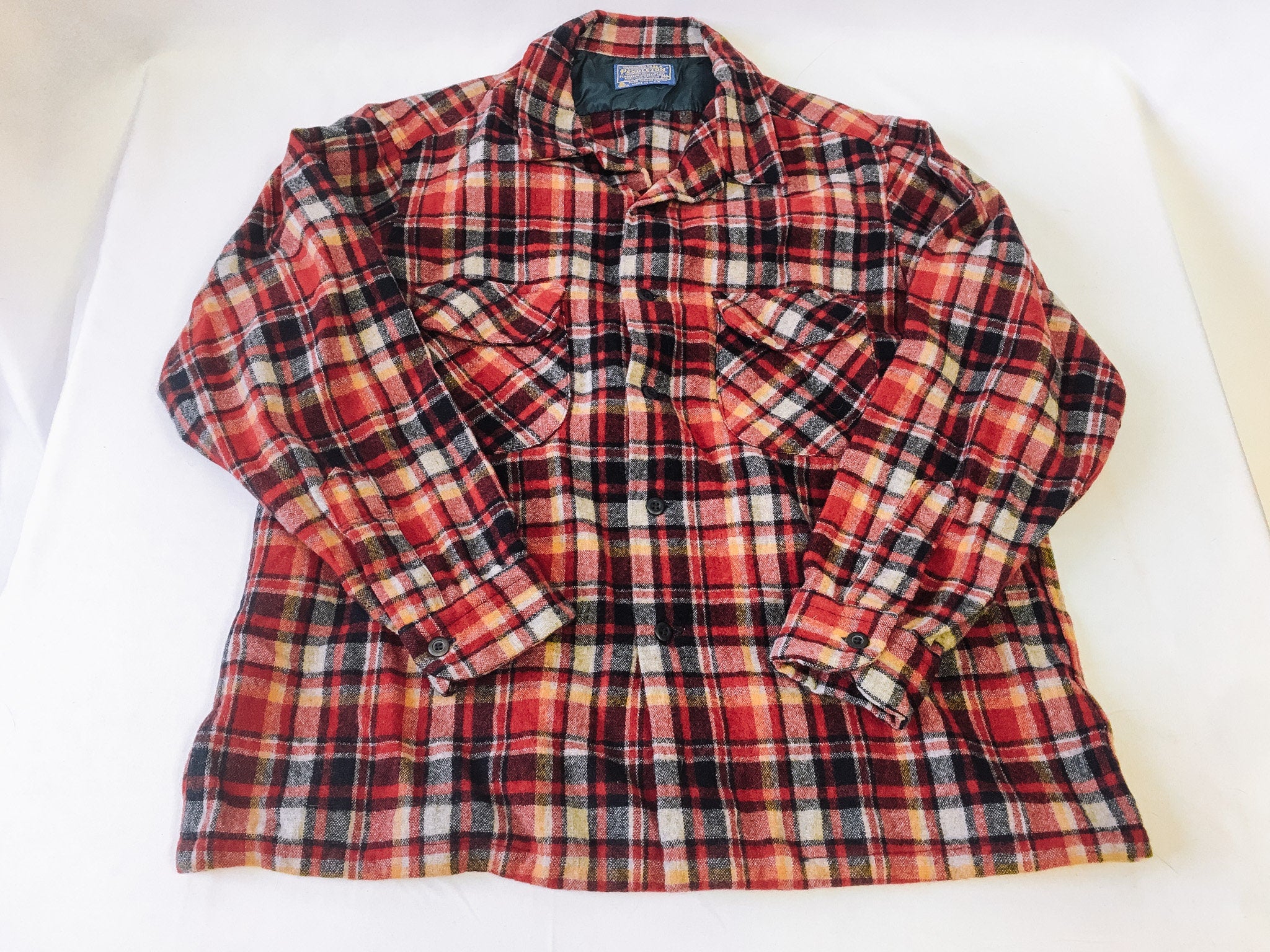 Vintage 1970s Pendleton Wool Red and Yellow Plaid Button Down, Men's Sz.  XL, 70s 100% Wool Pendleton Shirt