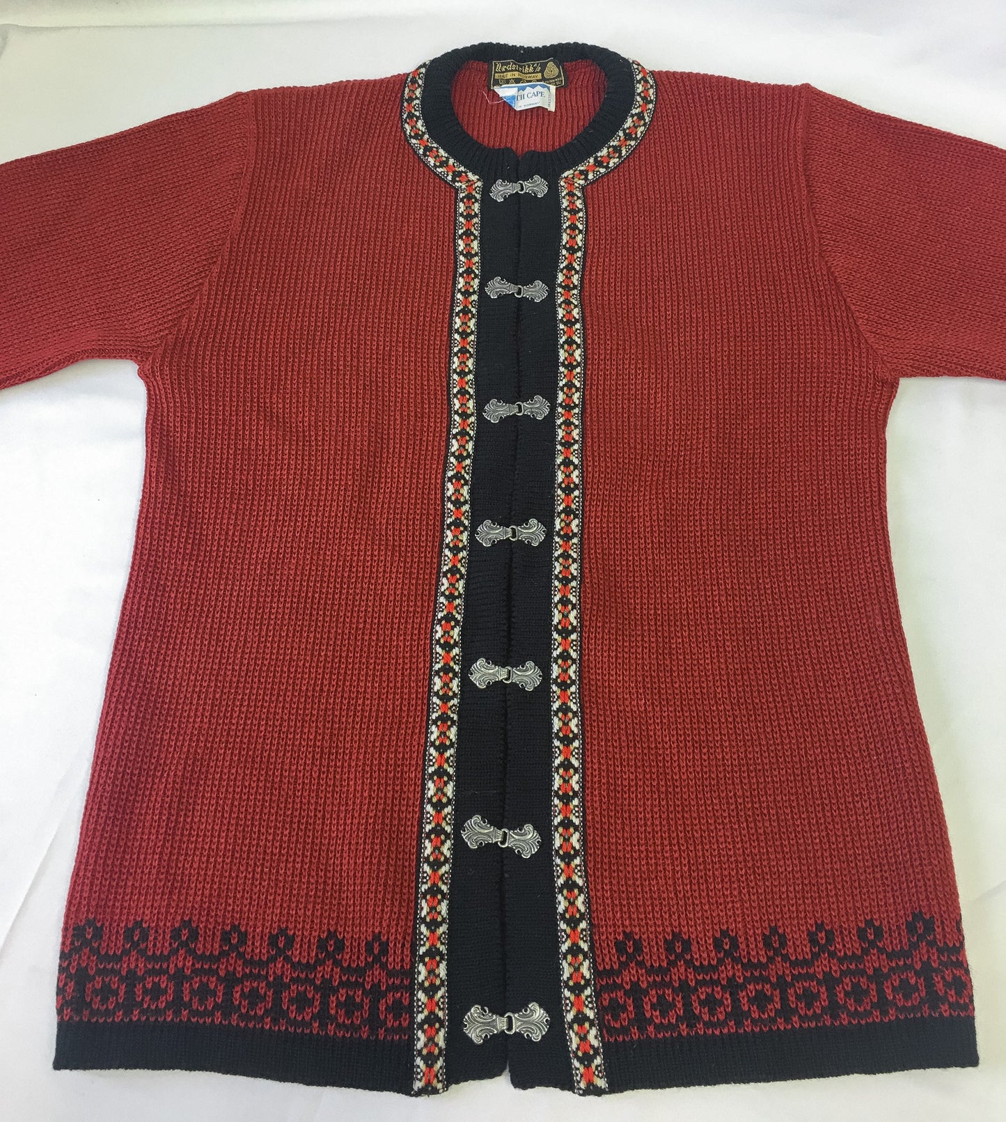 Vintage 90s Nordstrikk Red & Black Embroidered Wool Cardigan With Metal Clasp Enclosure, Vintage Nordic Cardigan Sweater, Made in Norway