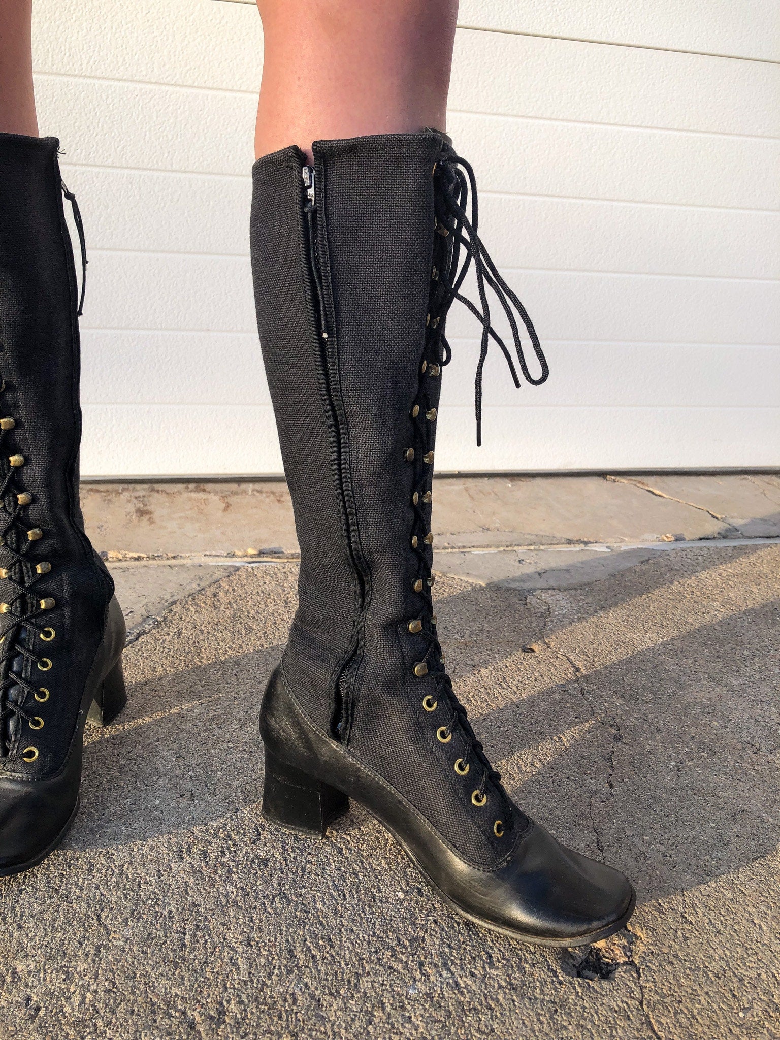 Vintage 60s Penny Lane Black Floral Embroidered Canvas Lace Up Boots, Vintage Sz. 7 - Approx. Sz. 6