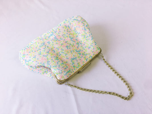 Vintage Rainbow Pastel & White Reversible Beaded Pouch Handbag with Metal Strap